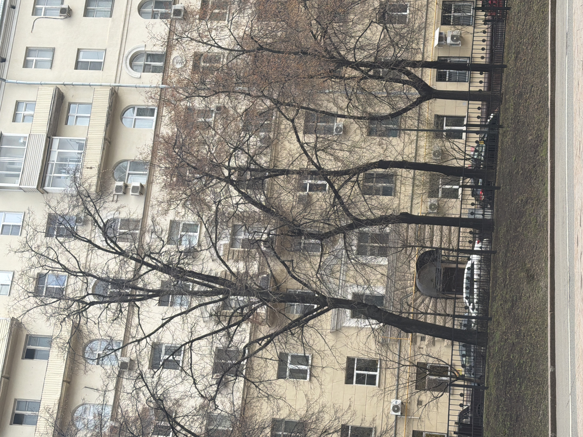 The image depicts a multi-story building facade in Moscow, Russia. The building is characterized by numerous windows, some arched, and external air conditioning units. Bare trees obscure parts of the building. A wrought-iron fence runs along the base of the building, separating it from a grassy area and a sidewalk. Several cars are parked behind the fence. The sky is overcast.