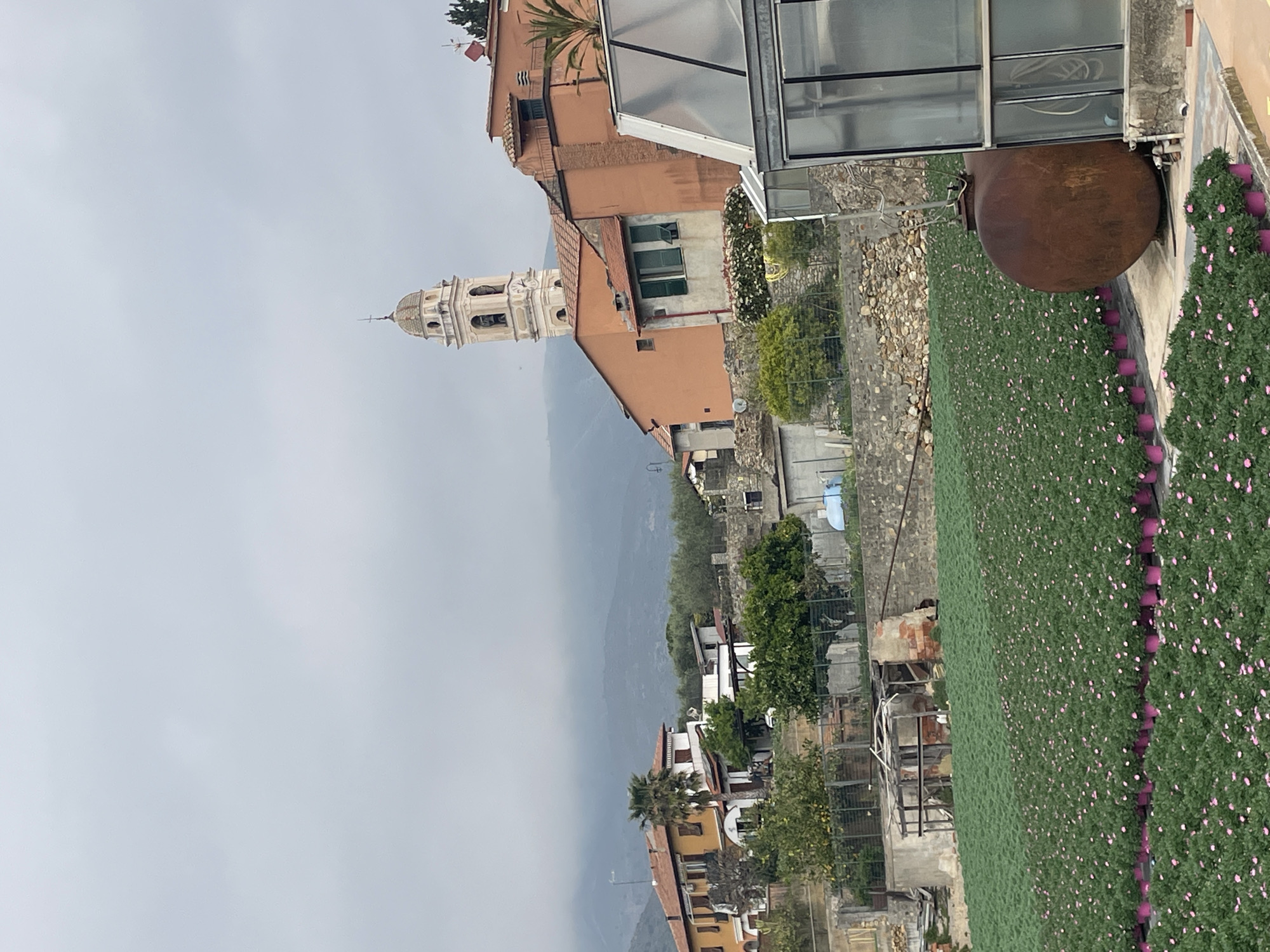 This image depicts a partial view of Albenga, Italy, taken from an elevated position. The most prominent feature is a church tower with a rounded dome, situated amidst other buildings. The buildings are various shades of orange and white. A mountain is visible in the background. The foreground includes a green wall of plants with pink flower pots. A large brown container or pot sits nearby. A greenhouse-style structure is also visible. The sky is overcast.