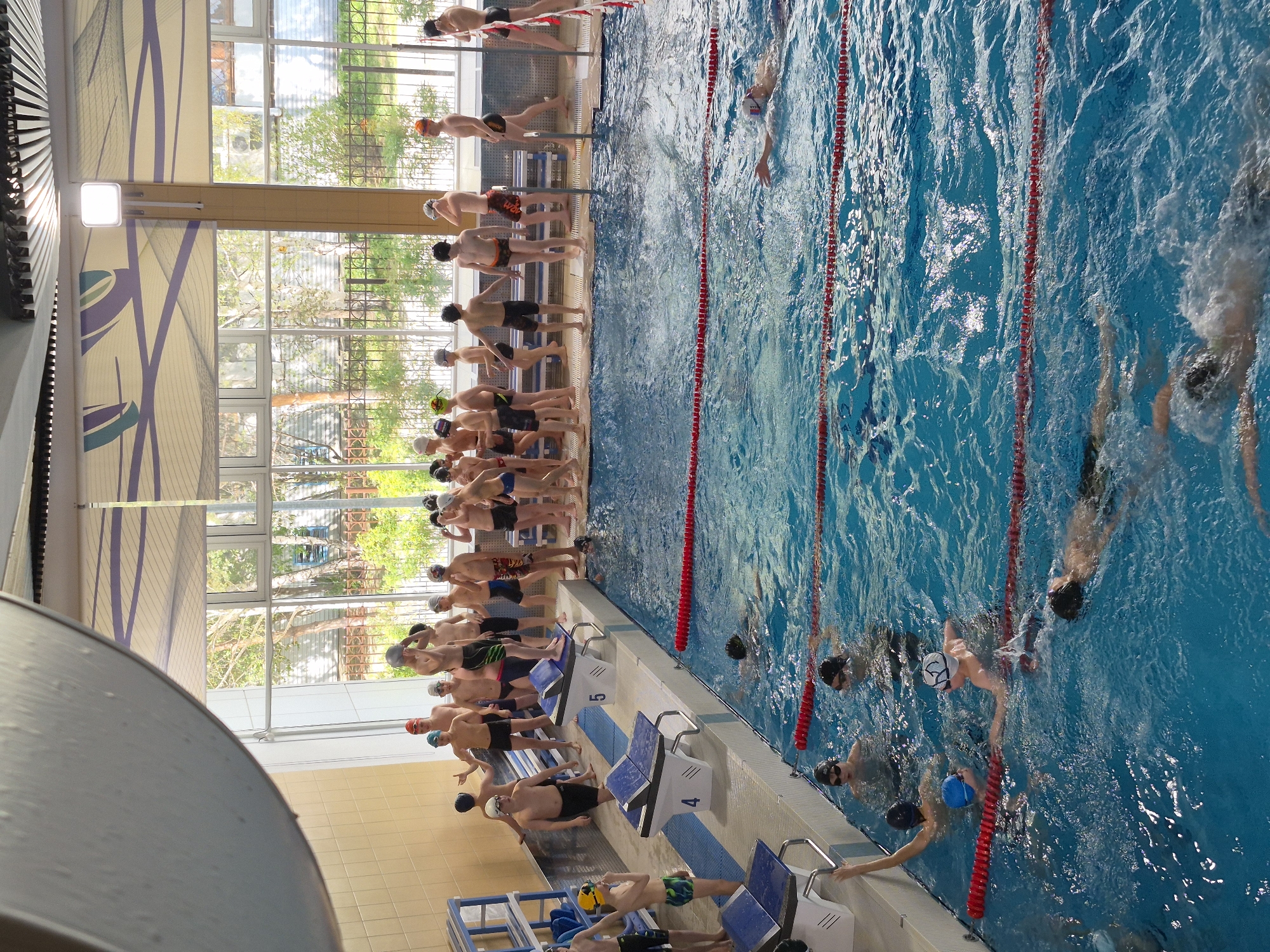 A swimming competition is taking place indoors. There are about 25 swimmers present, some lined up along the edge of the pool and others already in the water. The pool is separated into lanes by red lane markers. The starting blocks are numbered, and some swimmers are on the blocks, ready to dive in. Large windows line one side of the pool area, offering an outside view. The building appears to be in Tobolsk, Russia.