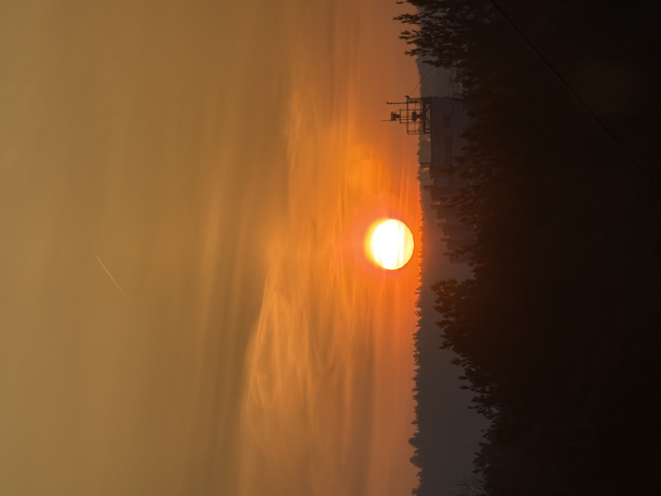 The image displays an urban or semi-urban landscape in Chaikovsky, Russia, observed during either sunrise or sunset. The sky exhibits a gradient of orange and golden hues, with a prominent, brilliant white sun, encircled by a yellow halo, positioned just above the horizon on the left side of the frame. Sparse, wispy clouds are visible across the sky, and a faint white aircraft contrail extends diagonally in the upper-left quadrant. The horizon line is defined by a dense, dark silhouette of a forest or tree line. In the midground, several silhouetted structures are present; most notably, a multi-story building with a flat roof and an industrial-type apparatus featuring multiple antennas or vents on its rooftop, located to the right of the sun. The immediate foreground consists of dark, silhouetted tree branches and foliage, and a thin, dark wire or cable is discernible in the lower-right corner. No individuals or specific actions are depicted within the scene.
