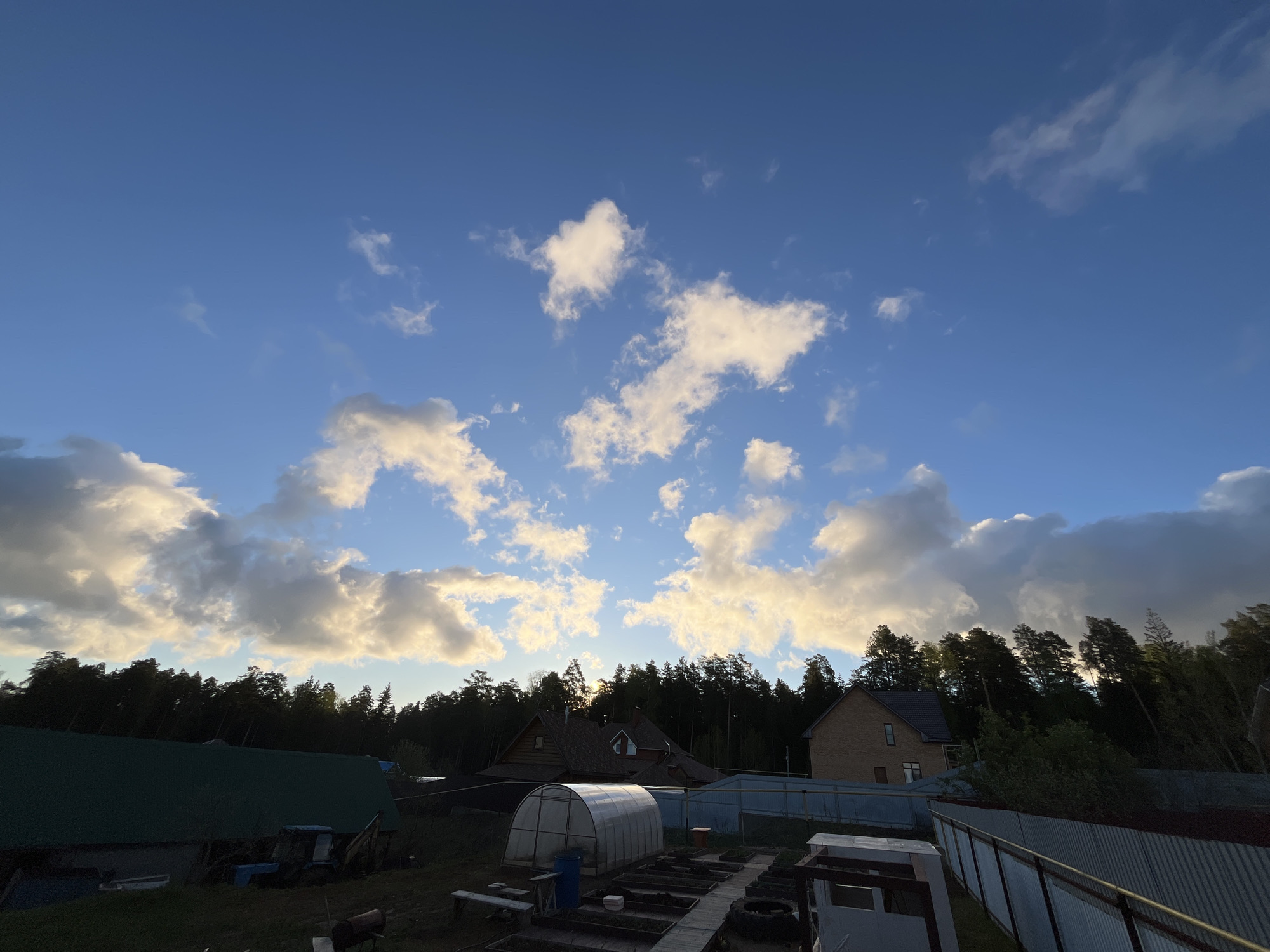 The image depicts an outdoor scene, likely taken at dusk or dawn, in what appears to be a rural or suburban area. The sky is predominantly blue with scattered, white and grey cumulus clouds. A dense line of trees, mainly evergreens, forms the horizon. Below the trees, there are several structures, including houses with pitched roofs, one appearing to be brick, and a greenhouse-like structure made of translucent material. There are also fenced enclosures and garden beds. The location is reportedly Chaikovsky, Russia, but there are no distinctive landmarks to independently verify this. The overall scene evokes a sense of tranquility and rural life.