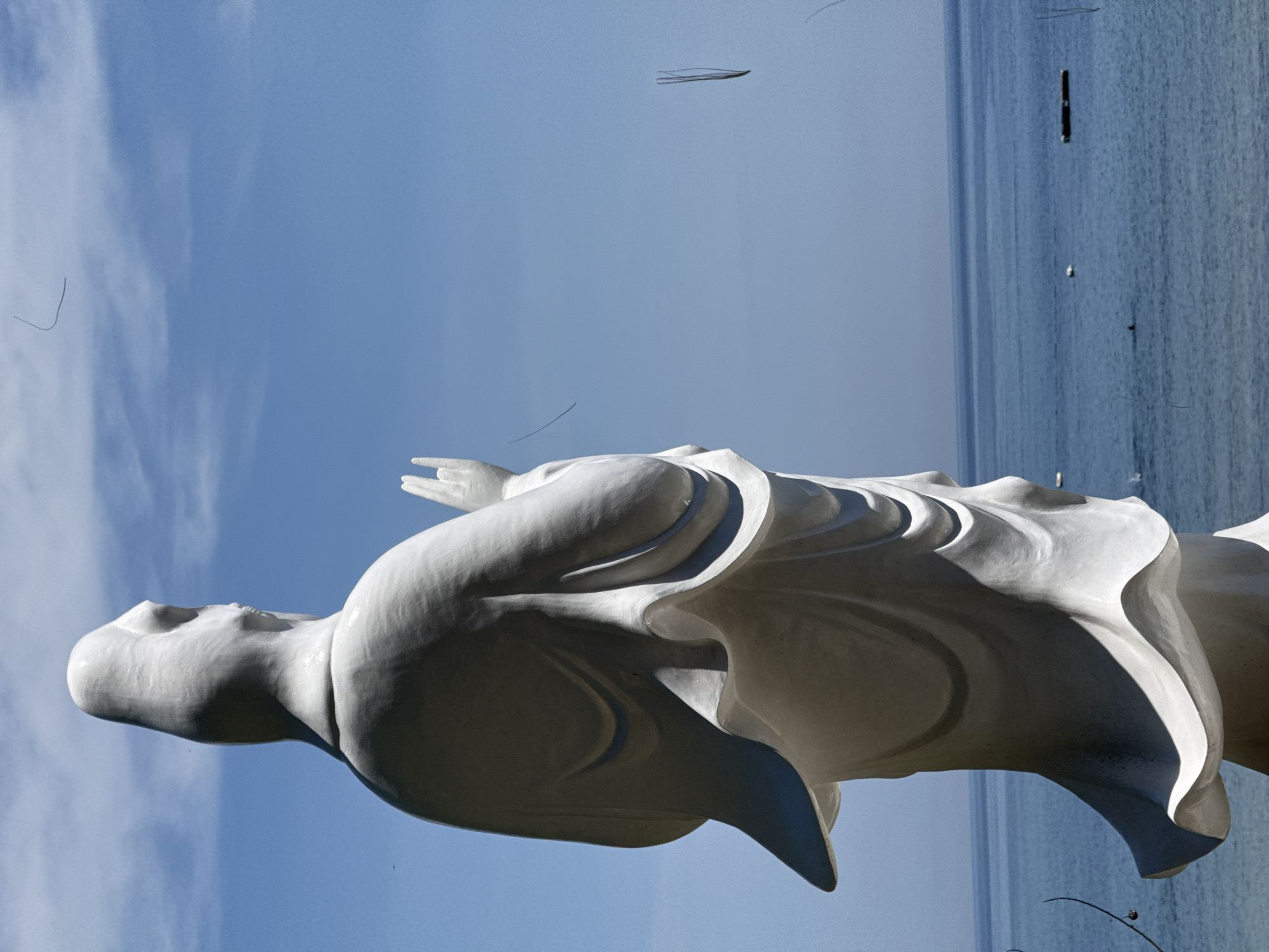 The image shows a large white statue of a religious figure, likely a deity, positioned outdoors against a backdrop of the sea and sky. The statue is viewed from behind, facing towards the ocean. It is made of a smooth, white material, with flowing robes sculpted to create a sense of movement. The figure's hands are raised, with fingers extended, suggesting a gesture of blessing or teaching.
The background consists of a clear blue sky with scattered wisps of white clouds. The sea is a calm blue, meeting the horizon under the sky. A few small, dark objects are visible on the water, which could be buoys or small boats. The foreground shows a hint of a textured surface, possibly a stone or concrete platform from which the statue is erected. The overall scene conveys a sense of peace and tranquility.
The statue is located on Lý Sơn Island, a special administrative region of Vietnam. Lý Sơn Island is known for its volcanic geology and its rich cultural heritage, including numerous temples and pagodas. The statue's placement overlooking the sea suggests a connection to the maritime aspect of the island's culture and its spiritual significance. The presence of the sea and sky implies an open, natural environment, possibly a coastal temple or a scenic viewpoint. There are no visible people in the image.
