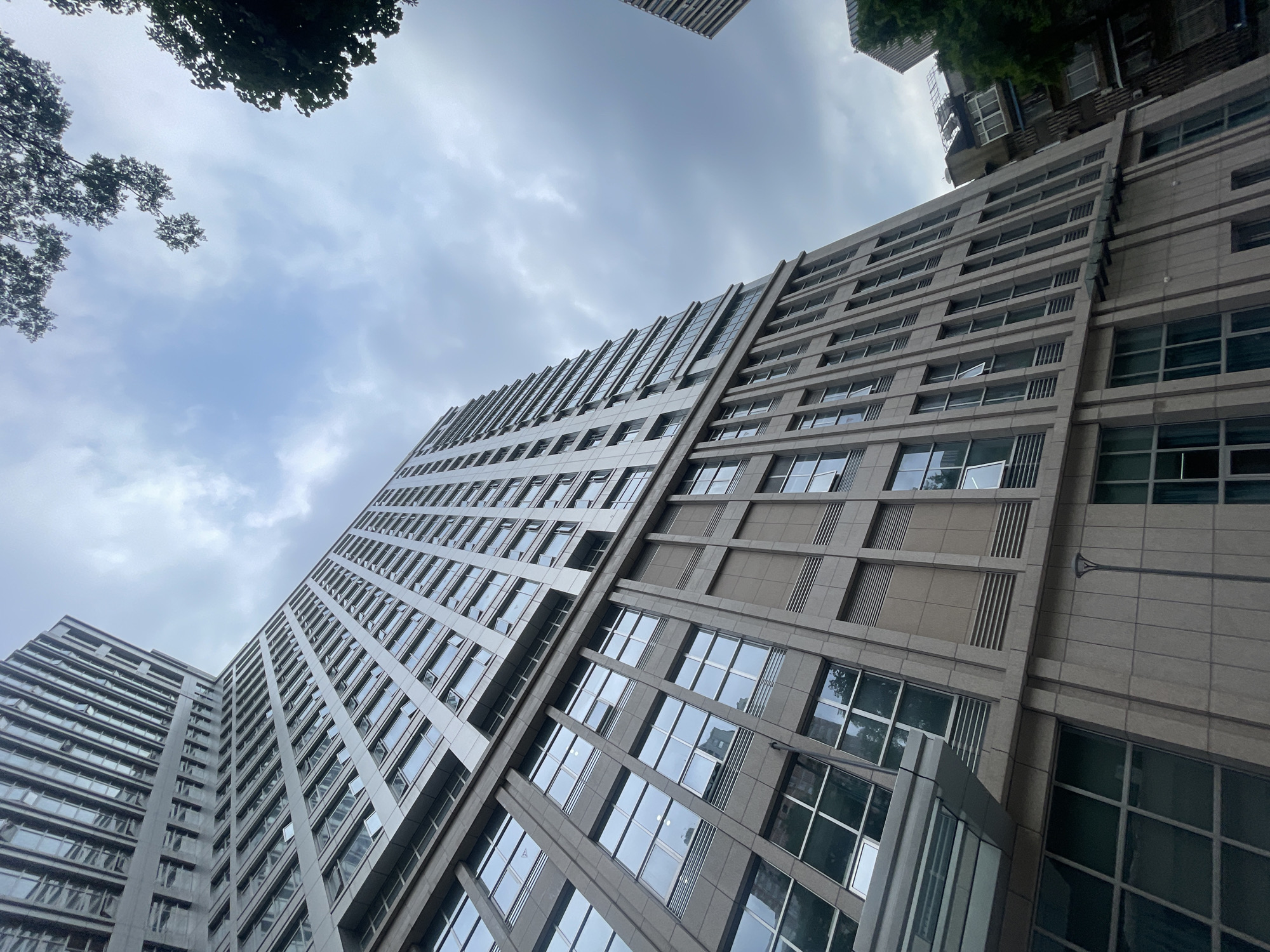 The image shows a low-angle view of a modern, high-rise building, possibly an office or apartment complex, in Yuzhong District, China. The building has a grid-like facade with many windows reflecting the sky. The architecture is rectangular with straight, vertical lines. The building appears to be made of stone or concrete. The sky is overcast with clouds. Patches of green foliage, potentially from trees, are visible in the upper corners. The angle of the shot gives the impression of looking straight up at the building. No people are visible.