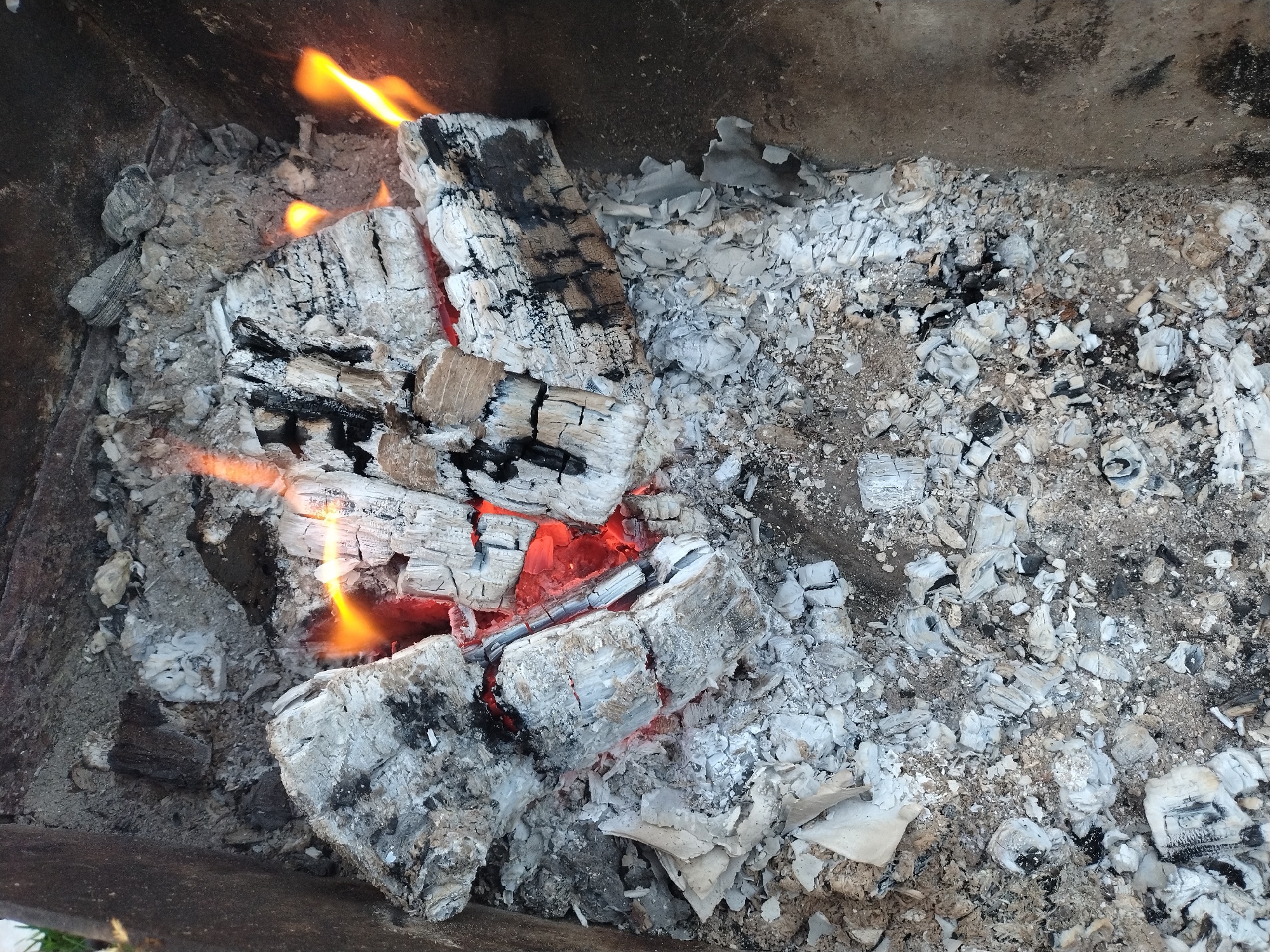 A close-up, overhead shot displays the remnants of a fire. Several pieces of charred wood, covered in white ash, are clustered in the center of the frame. Red and orange embers glow beneath the wood, indicating residual heat. The ash has spread out around the wood, creating a textured layer that fills the bottom and sides of the image. The scene is set within a dark, metallic container, likely a fire pit or barbecue. There are no people or other objects visible in the image.