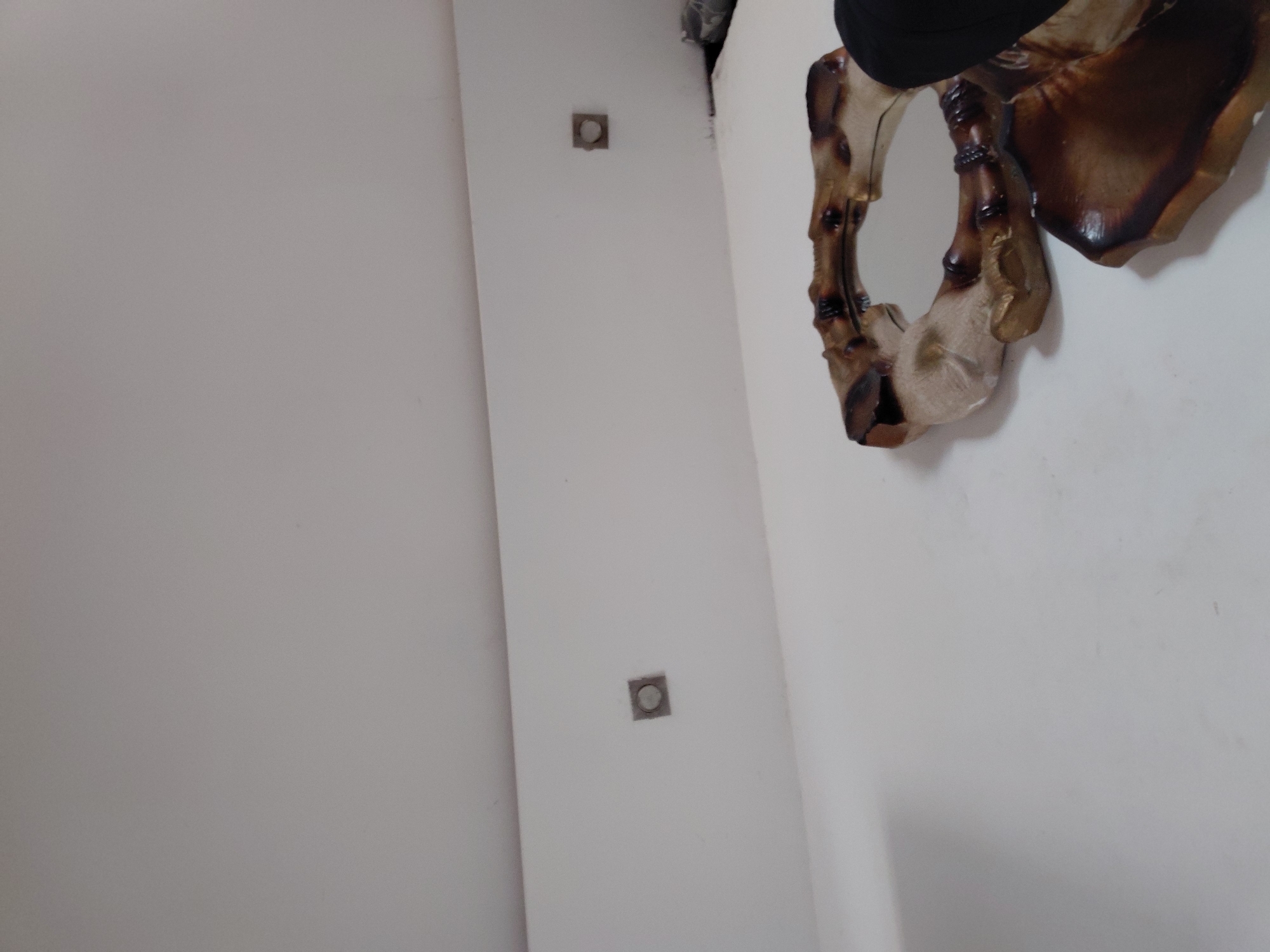 The original image displays an indoor setting, potentially a room or hallway, dominated by clean white surfaces that serve as walls and ceiling. The perspective is upward, with a large expanse of white on the left and center, and a diagonal line separating it from a narrower white section on the right.
In the upper right portion of the image, a distinctive decorative object is prominently featured. This appears to be a mirror or an abstract art piece, characterized by an organically shaped, intricately carved frame. The frame exhibits rich, warm tones of brown and beige, with areas that suggest a burnt, distressed, or polished wooden texture, possibly made of actual wood or a similar composite material. The reflective surface of the mirror is partially visible within this unique frame.
Further to the left, positioned on the white wall or ceiling, are two identical square-shaped recessed fixtures. Each fixture has a silver or metallic border and a circular central element. One is located higher up, and the other is lower, roughly in the middle-left of the narrower white section.
At the very top edge of the image, directly above the decorative mirror, a partial view of a black, soft-looking object is visible, its identity unclear. No people are present, and no specific activity is taking place. The lighting is indicative of an indoor environment, making the time of day and weather indiscernible. There is no visible text within the image. The context for this scene is Santa Ana, Venezuela.