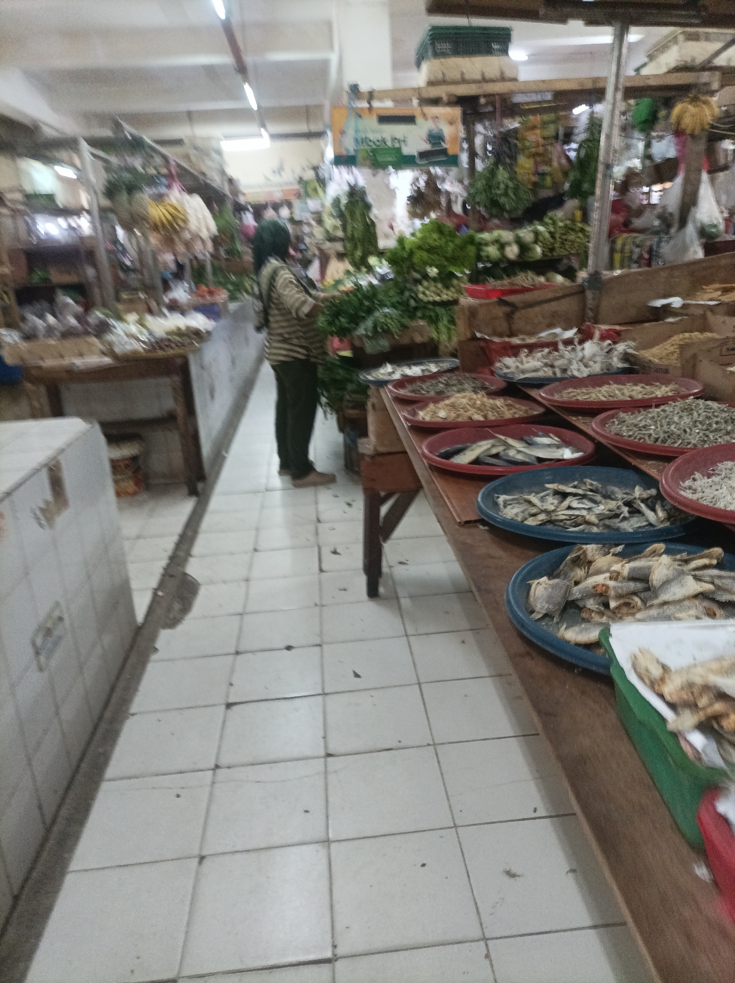 The image depicts a market stall in West Jakarta, Indonesia, selling a variety of dried fish. The stall is arranged with multiple round, shallow dishes filled with different types and sizes of dried fish, displayed on a wooden table. In the background, a person wearing a striped shirt and dark pants is visible, seemingly tending to the stall or selecting produce. Other market goods, including vegetables and what appear to be bananas, are also present in the background, suggesting a general market environment. The floor is tiled with light-colored squares. The lighting appears to be a mix of overhead fluorescent lights and ambient market light. The overall impression is of a bustling, somewhat cluttered, outdoor or semi-covered market.