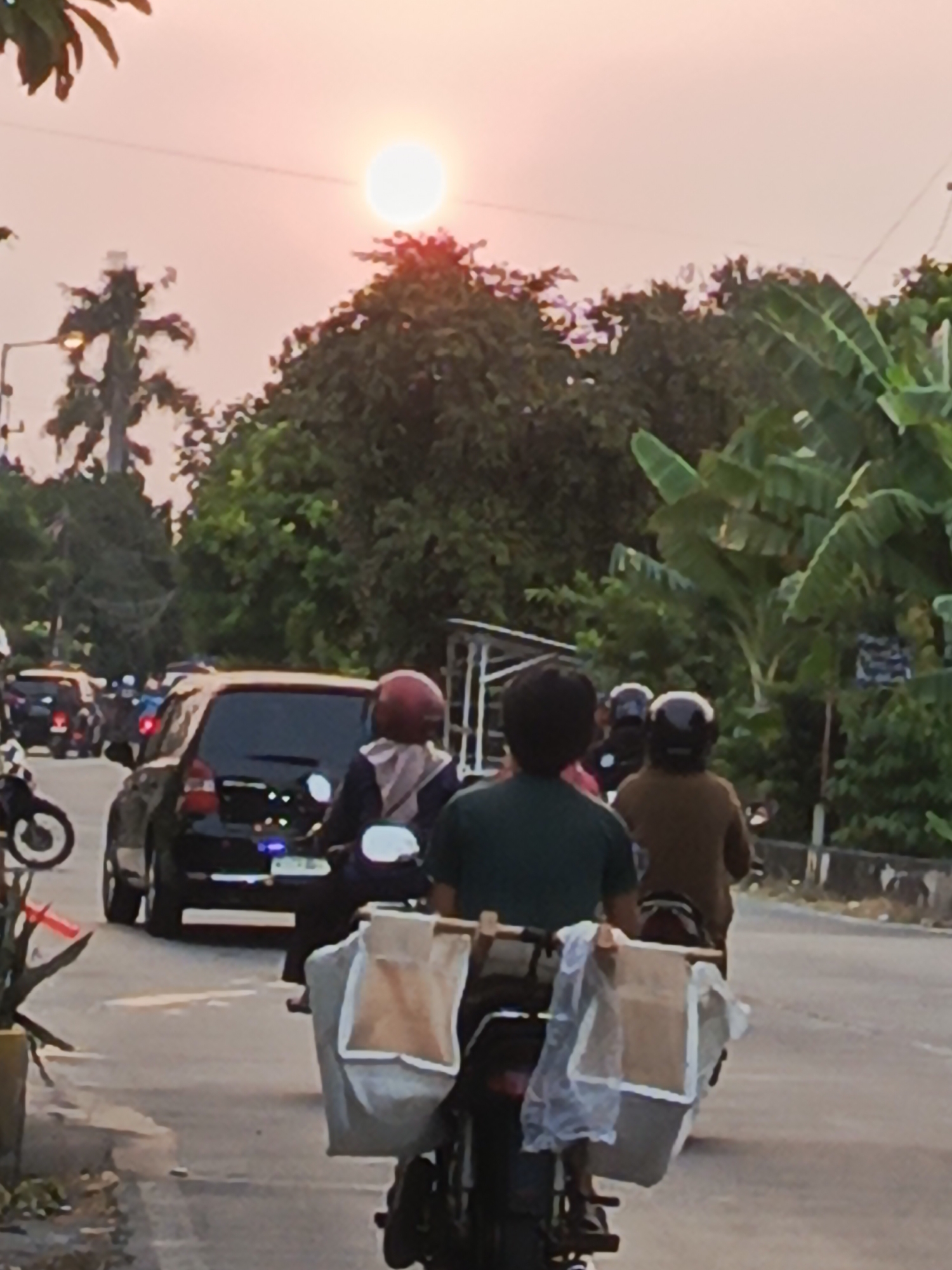 The image depicts a street scene at dusk, likely in Wedi, Indonesia. The setting sun casts a warm, pinkish glow across the sky, with its bright orb visible near the top center of the frame. Several individuals are on motorcycles, navigating the asphalt road. One motorcycle in the foreground carries a person wearing a green shirt, with two large bags attached to the back, secured by a wooden frame and covered partially by plastic. Behind this motorcycle, another rider with a brown jacket and helmet is visible, also on a motorcycle. Further down the road, a black car is in motion, with other motorcycles and vehicles in the background, suggesting moderate traffic. Lush green trees and banana plants line the sides of the road, indicating a tropical or subtropical environment. The overall impression is a typical evening commute or daily activity in a semi-urban or peri-urban area.