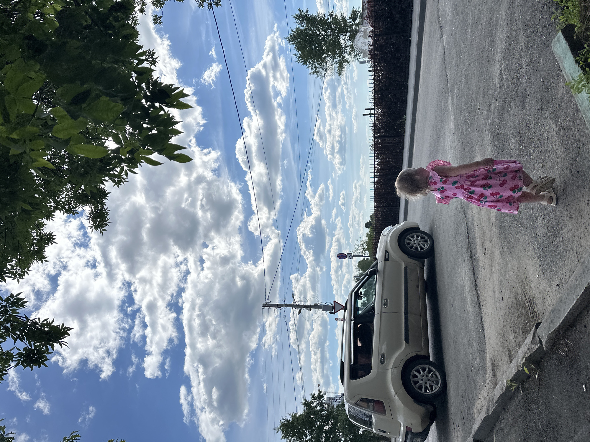 This image presents a detailed outdoor street scene in Nizhny Novgorod, Russia, captured under bright daylight with a clear blue sky interspersed with numerous white cumulus clouds.
In the immediate foreground, a young Caucasian girl, appearing to be a toddler, walks away from the viewer on a dark asphalt road. She is dressed in a vibrant pink sleeveless dress patterned with red cherries and wears light-colored sandals. Her light hair is slightly disheveled.
To the left of the girl and further into the mid-ground, a light-colored (beige or tan) Kia Soul compact SUV is positioned on the asphalt. The vehicle's rear and left side are visible, indicating it is either parked or moving slowly towards the left. Its lower body panels show signs of dirt.
The background and mid-ground feature typical urban infrastructure. Numerous black utility wires crisscross horizontally and diagonally across the sky. A tall, multi-component grey utility pole stands centrally in the mid-ground, fitted with various cables and devices, including a red-bordered white triangular "Give Way" (Yield) road sign. Further down the road on the right, another standard Russian road sign, a red circle with a diagonal line on a blue background (indicating "No Stopping" or "No Parking"), is visible.
The road itself is paved with asphalt, showing some wear, cracks, and patches of dirt. A grey concrete curb delineates the edge of the road in the left foreground. Along the right side of the road, a dark metal fence, possibly wrought iron, runs horizontally, backed by a dense line of dark green shrubs or hedges. Green tree foliage is prominent in the upper and far-left areas of the frame, partially obscuring the sky, with additional green trees visible on the left behind the vehicle and further down the road on the right.