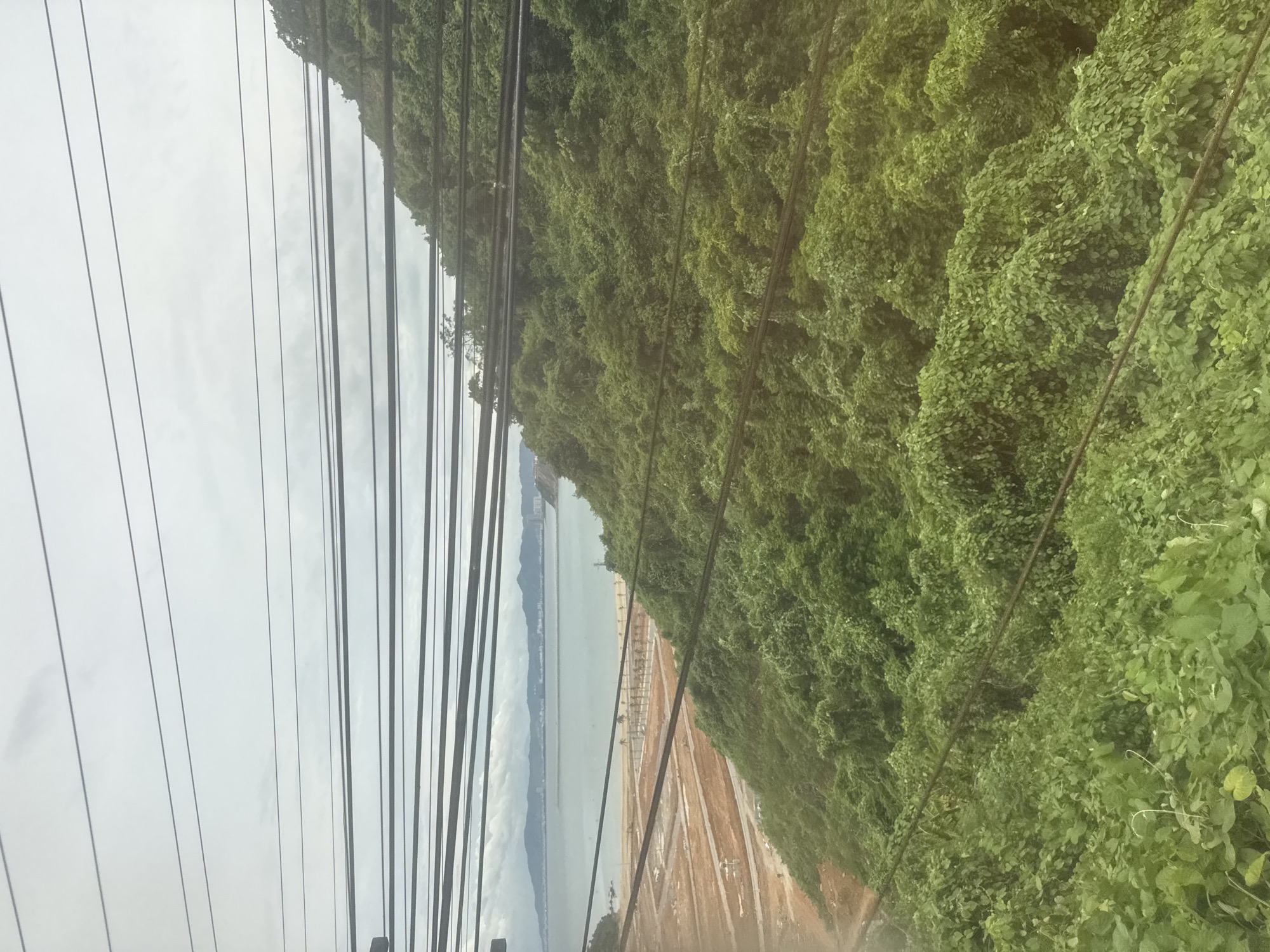 The image depicts a view from an elevated position, likely a hillside, overlooking a coastal area. Multiple thick black electrical cables stretch horizontally across the frame, obscuring parts of the landscape. Below the cables, a lush green, densely vegetated hillside slopes downwards towards a beach. The beach itself shows signs of development, with cleared areas of reddish-brown earth and visible construction stakes or foundations. Beyond the beach, a body of calm water, likely the sea, stretches to the horizon. In the distance, a hazy cityscape with buildings and mountains is visible. The sky is overcast with a pale, cloudy appearance. The scene suggests a partially developed coastal region in Hải Vân Ward, Vietnam, characterized by natural greenery, ongoing construction, and electrical infrastructure.