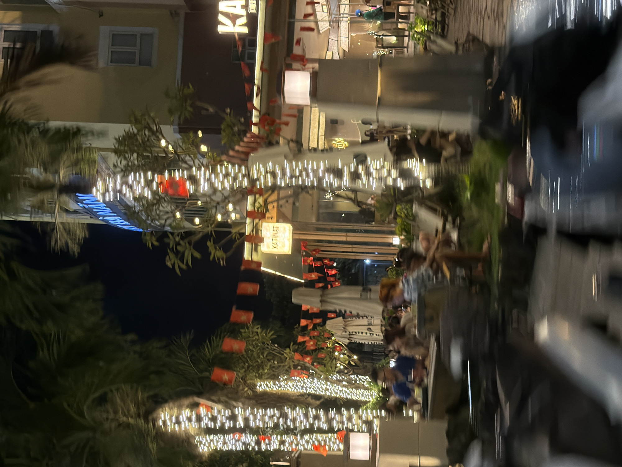 The image depicts a night scene at a restaurant or cafe in Da Nang, Vietnam, likely along a pedestrianized area or boardwalk. The establishment is decorated with numerous strings of white fairy lights, wrapped around palm trees and other vertical structures. Small red flags are also visible, strung along wires between trees and poles, adding to the festive atmosphere.
In the foreground, several people are seated at tables, appearing to be dining or socializing. Their faces are mostly blurred due to the low light conditions and motion. Some are wearing casual clothing. A man in a blue shirt is visible at one table, looking towards the camera. To his right, a woman with dark hair is seated. Further to the right, another individual with lighter colored hair is seen.
The restaurant itself has an outdoor seating area with tables and chairs, some of which are covered by large white umbrellas. The building behind the seating area is lit, with windows and signage. One sign, partially visible and in yellow, reads "KA" followed by smaller text. Another sign, higher up on the building, appears to be illuminated with blue neon letters, possibly spelling out the name of a location or establishment.
In the background, more seating areas and greenery are visible. The overall impression is of a lively urban dining and entertainment venue at night, illuminated by decorative lights. The foreground is somewhat blurred, suggesting the photo may have been taken from a moving vehicle.