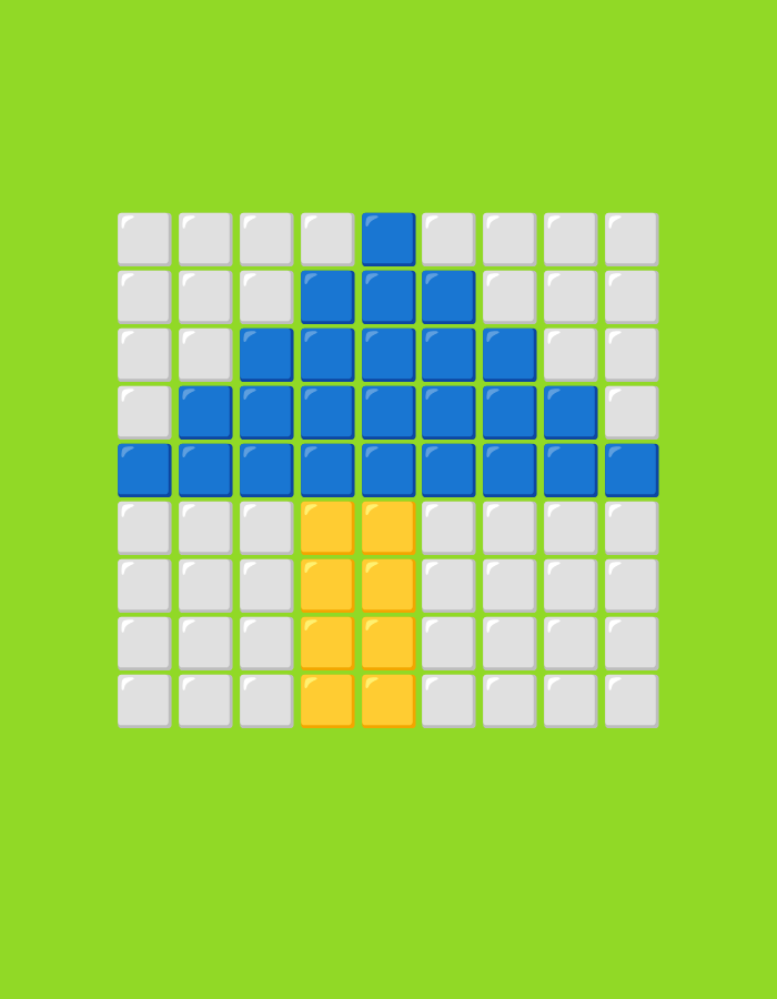 The image displays a grid of square tiles on a lime green background. The grid is arranged in a pattern that forms a stylized mushroom shape. The mushroom's cap is composed of blue tiles and is wider at the top, tapering down. The stem of the mushroom is made of yellow tiles and is narrower than the cap. The remaining tiles in the grid are white. The arrangement of the tiles suggests a digital or pixelated aesthetic, resembling an icon or a game element. There are no people, actions, or interactions depicted in the image, and the environment is a simple, solid color.