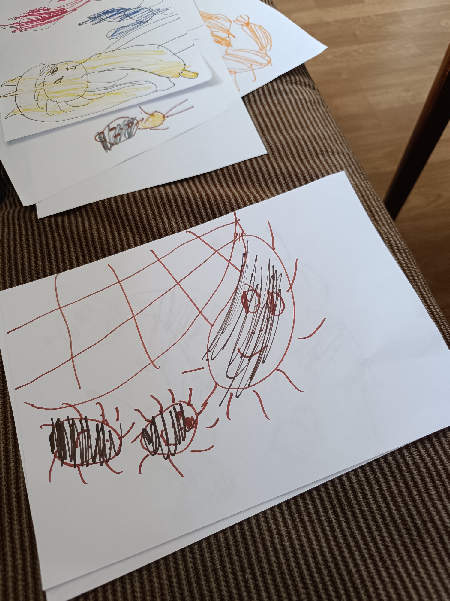 The image shows several children's drawings on white paper placed on a brown striped surface. One drawing depicts a spider web with a large spider and several smaller spiders. Other drawings show figures in various colors, including yellow, red, blue, and orange. The location is Unknown, Unknown.