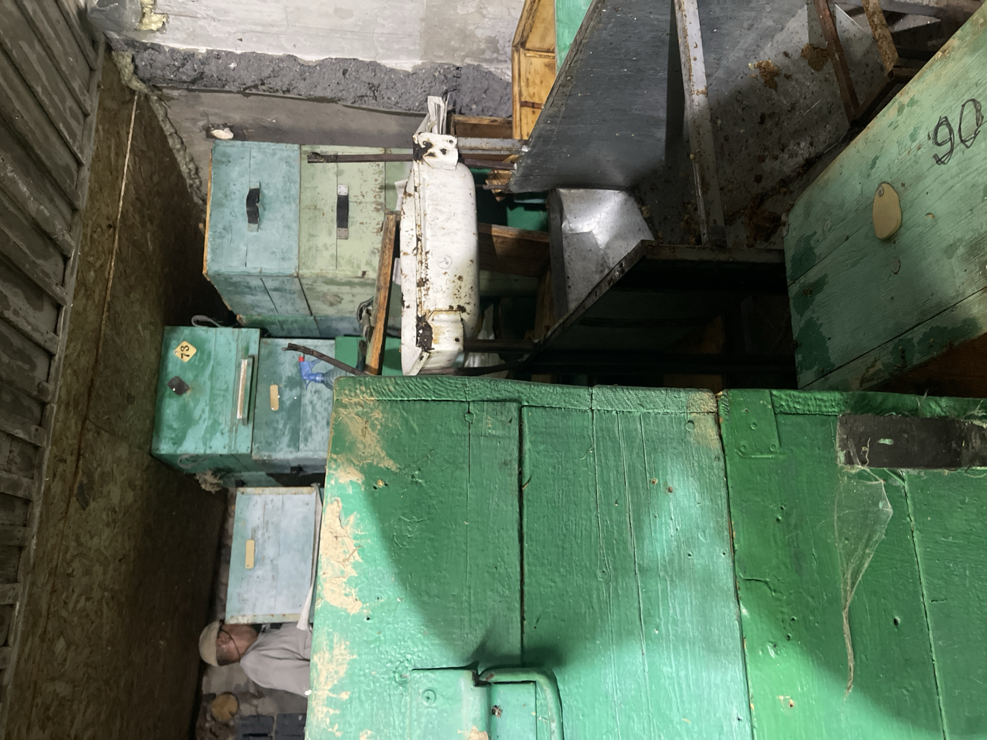 The image shows an interior scene within what appears to be a beekeeping storage area or workshop. In the background, a person wearing a cap and a light-colored shirt is visible, seemingly inspecting or working with beekeeping equipment. Stacked to the right and in the background are several green wooden beehive boxes, some of which are labeled with numbers. In the foreground, a large, weathered green wooden structure dominates the left side of the frame, possibly another part of a hive or storage unit. To the right, a metal trough or tray is visible, containing debris that appears to be remnants of beekeeping activities, such as propolis or wax. A white basin, possibly a feeder or collection tray, is mounted on a metal stand above this trough. The environment is dimly lit, suggesting an indoor space such as a shed or barn, with wooden beams visible on the ceiling. The overall impression is one of a working apiary or a place where beekeeping equipment is stored and maintained. The provided location of Joğarğy Berezovka, Kazakhstan, places this scene within a rural or agricultural context.