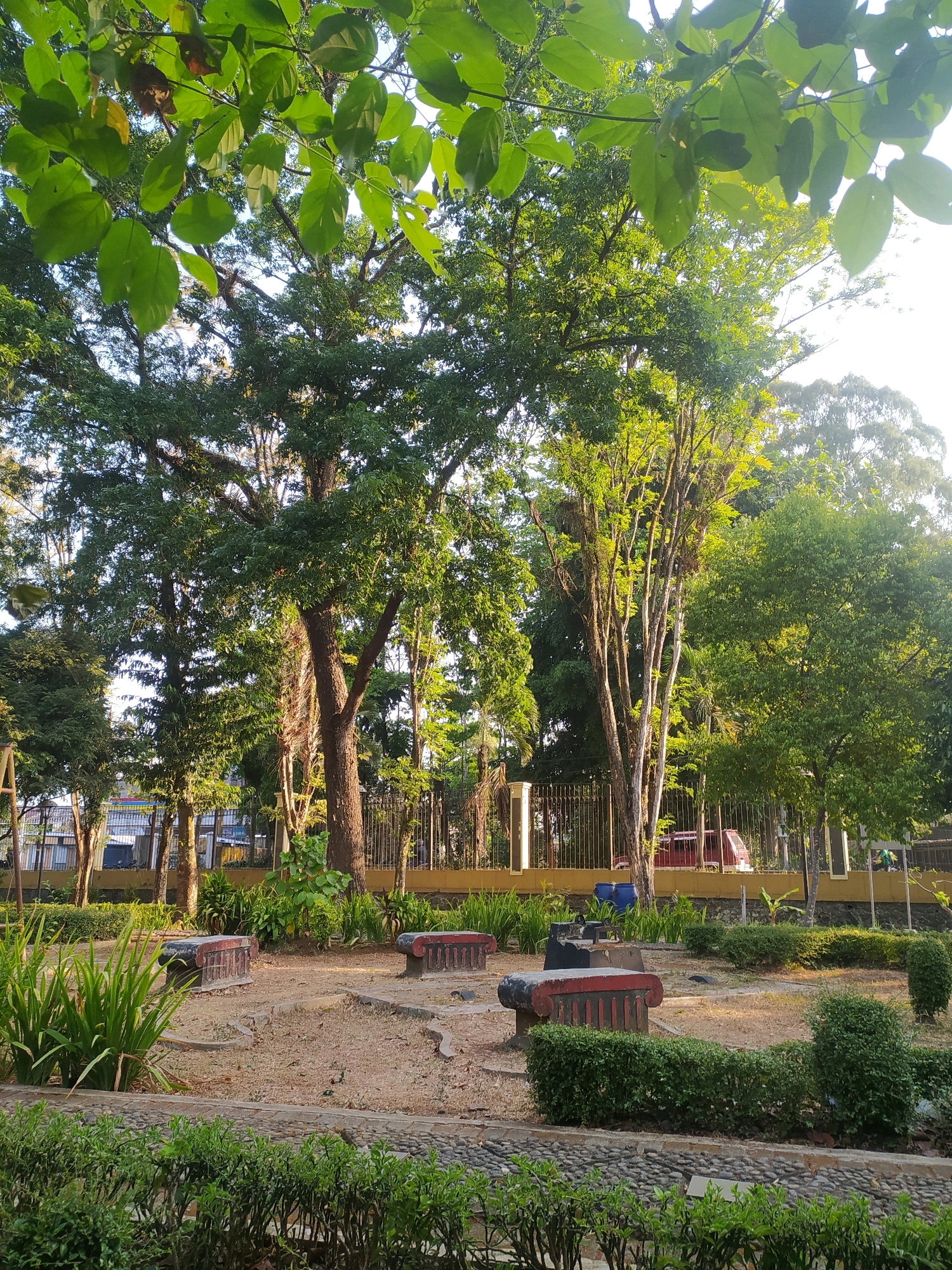 The image depicts a park in Desa Pamijen, Kecamatan Sokaraja, Indonesia, bathed in the warm, late afternoon sunlight. Lush green foliage from overhanging trees frames the top of the scene, casting dappled shadows on the park grounds below. In the foreground, neatly trimmed green hedges line a pathway paved with small, rounded stones. Behind the hedges, a sandy area is dotted with four ornate stone benches, each with a red and black decorative trim. Some of these benches appear to be part of a larger, low-lying structure. To the left of the benches, tall, spiky green plants add texture to the landscape. Further back, a metal fence, painted yellow at the base, separates the park from a street or walkway. Beyond the fence, several vehicles are visible, including a red van. The background is filled with a dense array of trees of varying heights and densities, creating a layered effect of green. The overall impression is one of a tranquil, well-maintained public space.