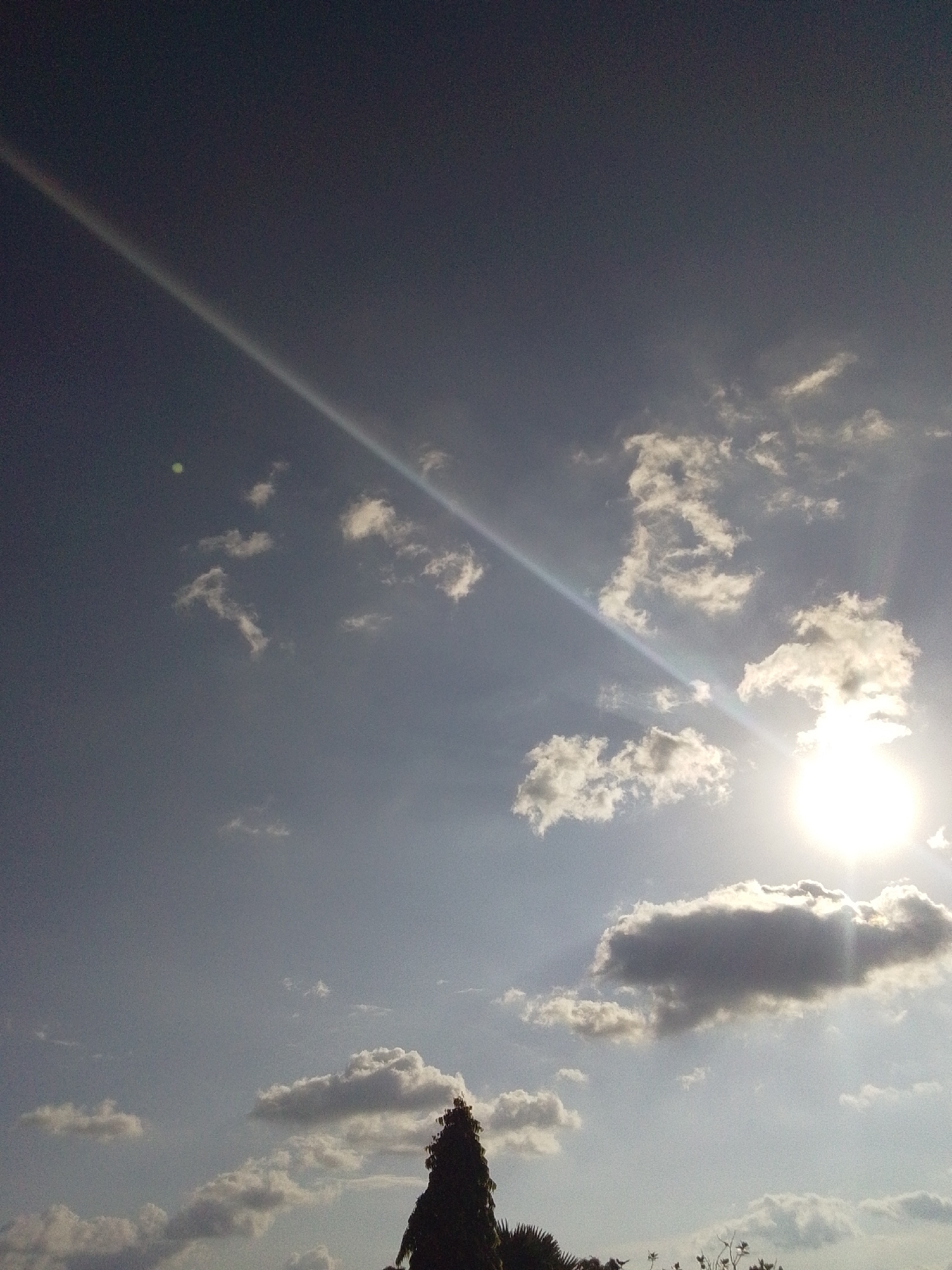 The image captures a sky with scattered clouds, a bright sun, and a diagonal light streak. A tall, dark tree silhouette is visible in the lower right quadrant. The sun is positioned in the upper right, emitting a strong glare. The sky transitions from a dark blue-gray at the top to a lighter blue-gray towards the bottom. The light streak extends from the upper left towards the center, with a subtle rainbow effect visible within it. The clouds are varied in shape and density, with some appearing wispy and others more substantial and shadowed. The overall impression is of an outdoor scene, likely during daylight hours, with a focus on atmospheric conditions.