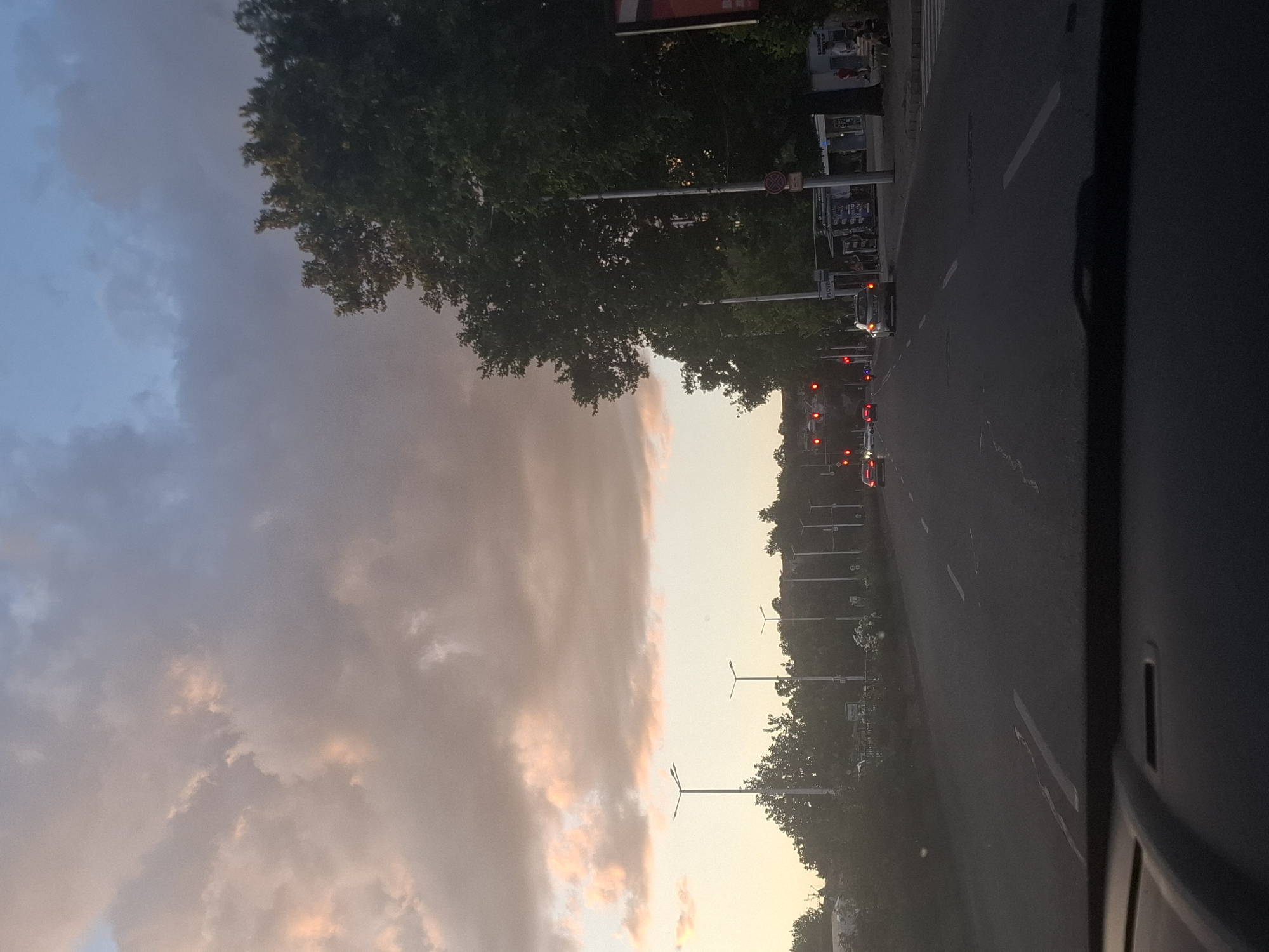 This is a vertical, eye-level, wide shot of a street in an urban environment at dusk. The sky is filled with dramatic, pink-tinged clouds. On the right side of the frame, large trees with dark green foliage line the street, casting shadows. The street itself is paved, with visible white lane markings. Several cars are driving on the road, and traffic lights are visible, showing red lights. There are streetlights along the road, and buildings with storefronts and people standing outside are visible on the right sidewalk. The foreground shows the dashboard of a vehicle, indicating the image was taken from inside a car.