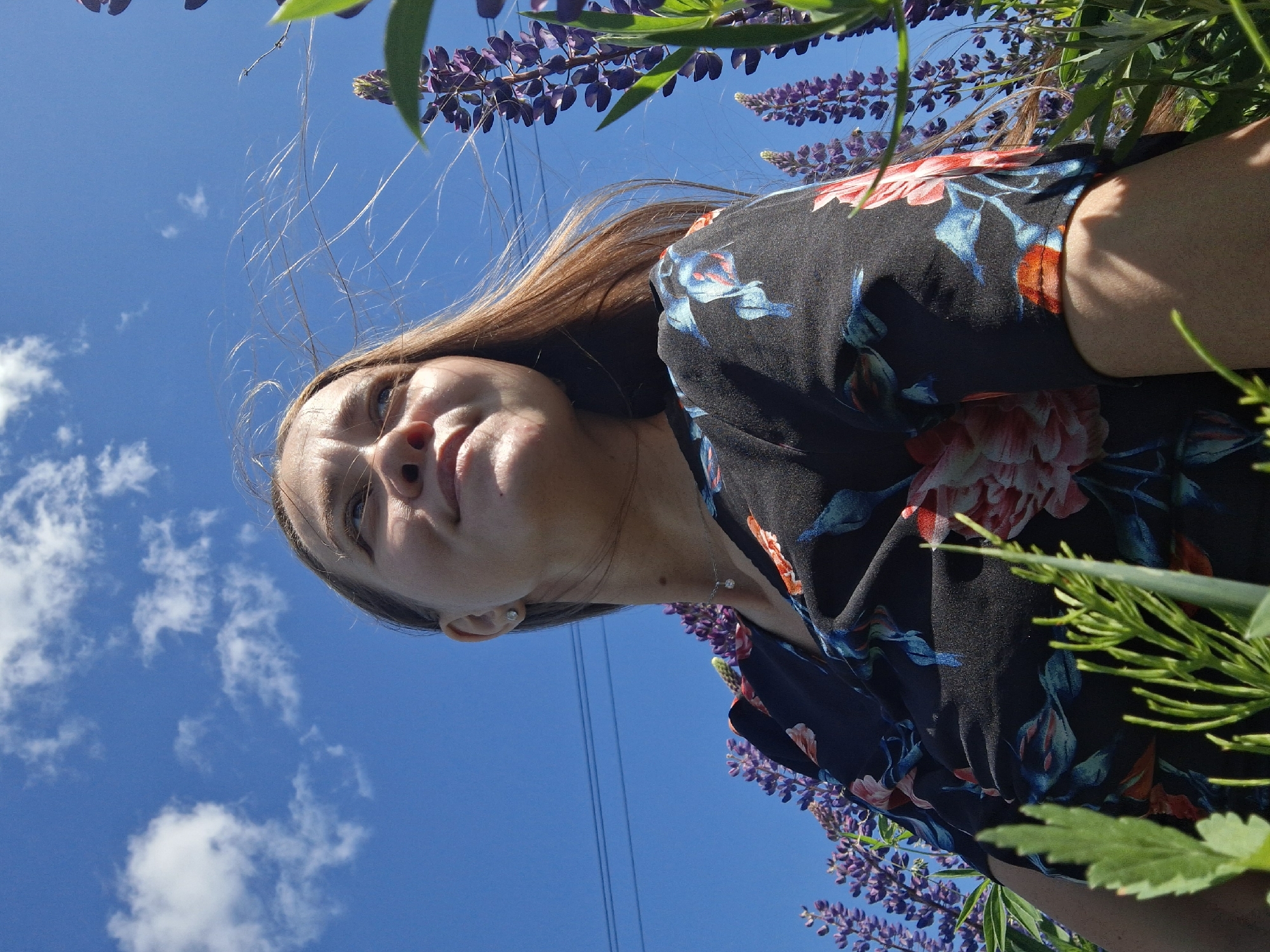 A low-angle, full-body shot captures a young woman in a black floral dress standing outdoors in a field of purple lupines under a bright blue sky with scattered white clouds. The woman, with long, light brown hair, looks up and to her left, her face illuminated by the sun. She is wearing a silver necklace with a small pendant and small stud earrings. In the background, power lines are visible against the sky. The foreground features green foliage, with the lupines and the woman's dress being the dominant subjects. The overall scene appears to be a sunny day in a rural or natural setting.