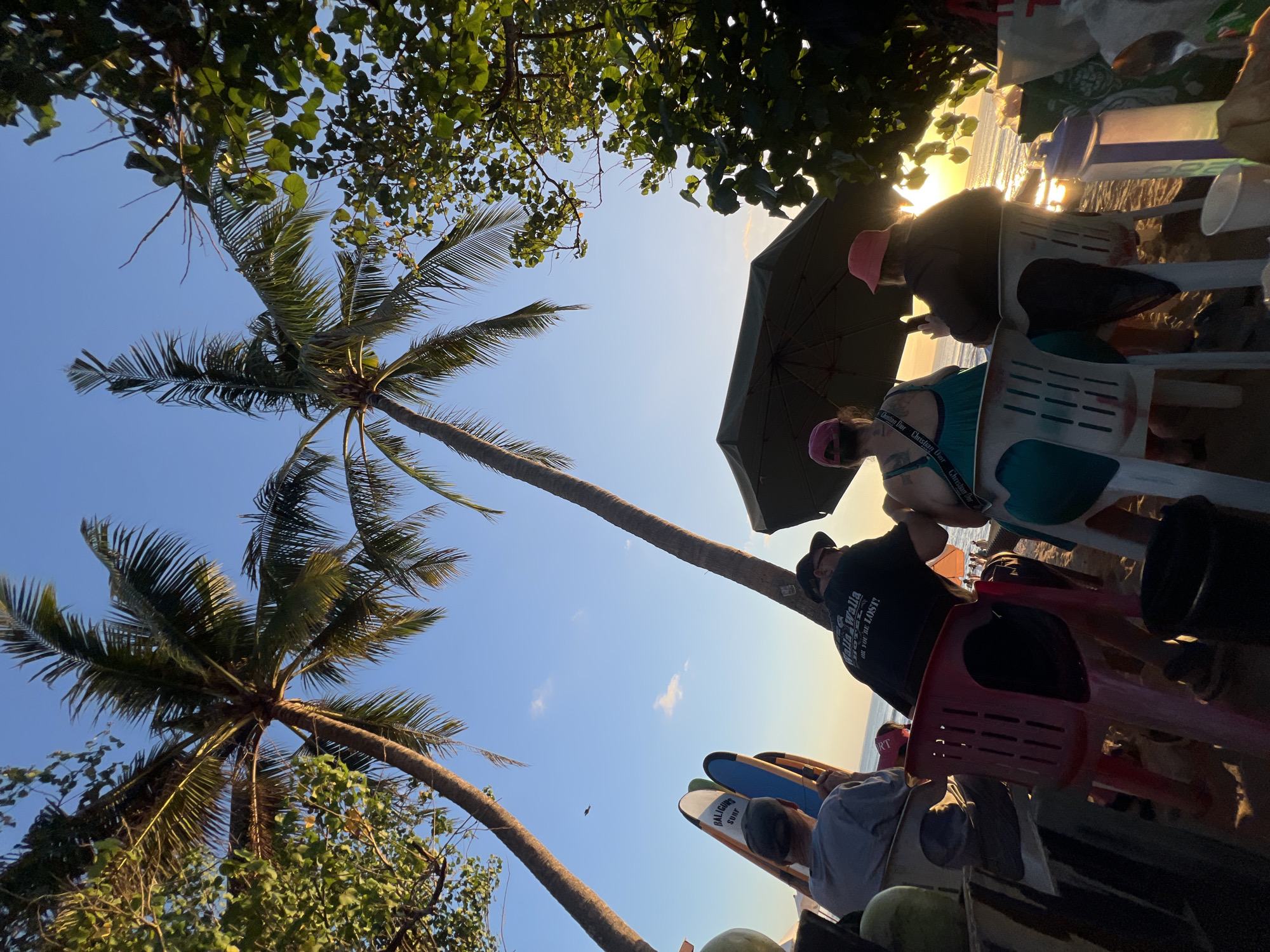 Four individuals are seated in chairs on a beach in Kuta, Indonesia, facing the ocean during sunset. Two individuals are facing away from the camera, with one wearing a black t-shirt that reads "Walla Walla Hotel All You're Lost!". A third person, partially visible, is also facing away. The fourth person, closest to the camera, is wearing a grey shirt and a baseball cap and is looking at surfboards. Palm trees and lush green foliage frame the scene. An open umbrella provides shade. Beachgoers are visible in the distance near the water. The sky is clear blue with a hint of orange from the setting sun reflecting on the water.