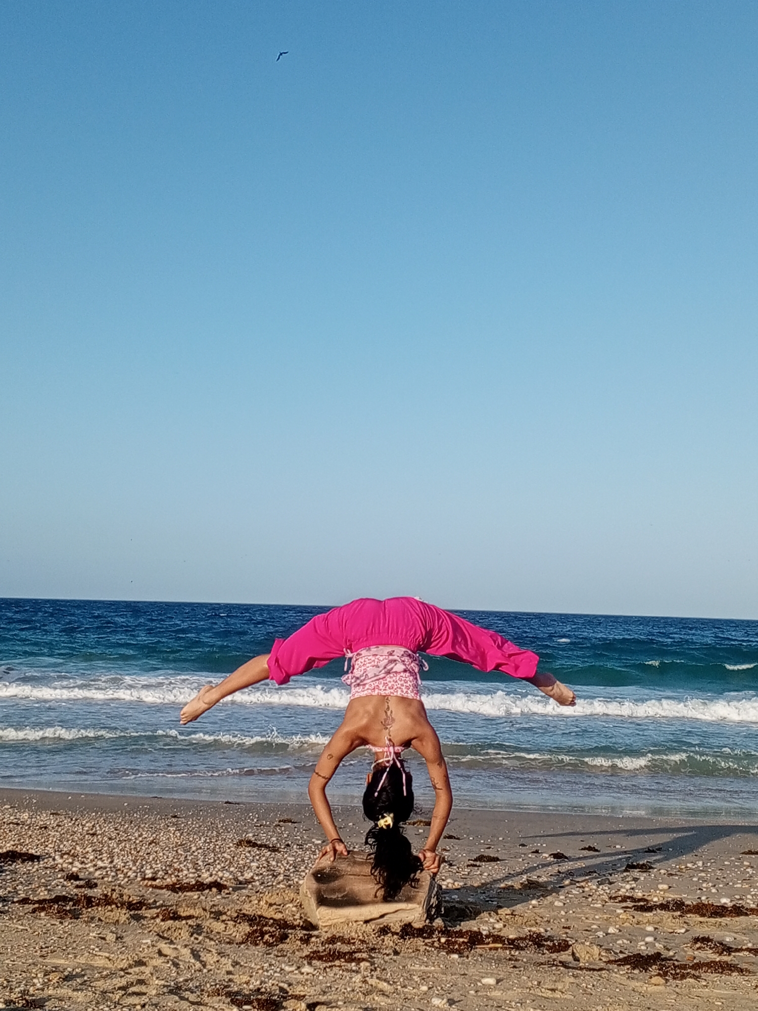 A woman in a pink patterned top and pink pants is performing a headstand split on a sandy beach in Porlamar, Venezuela. She is using a weathered piece of driftwood to support her head and hands. The ocean is visible behind her, with waves gently rolling onto the shore. A small bird is flying in the clear blue sky above. The beach is covered with sand, pebbles, and seaweed.