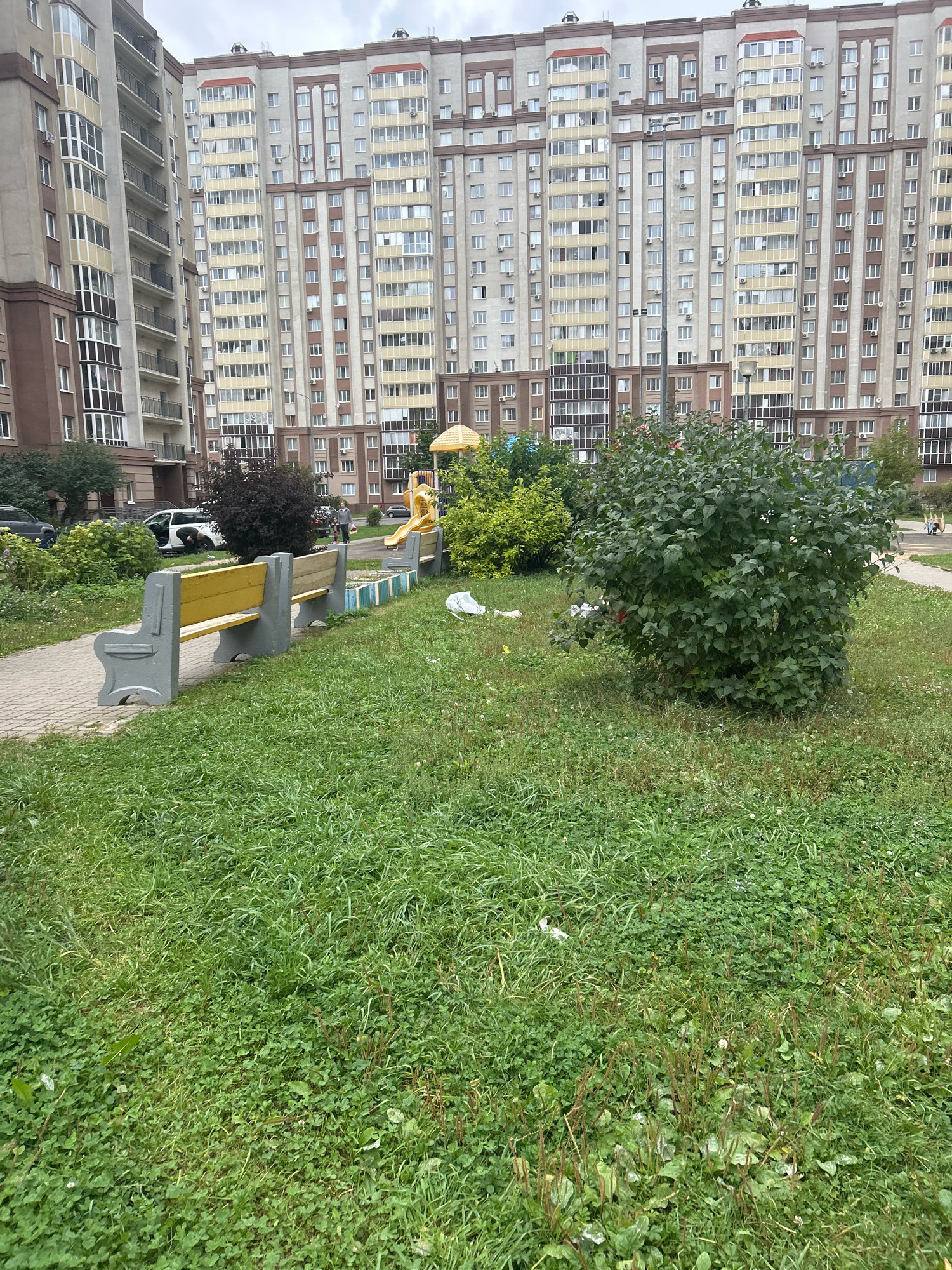 An outdoor daytime scene in Domodedovo, Russia, depicts a residential courtyard with a large apartment building dominating the background. The building is multi-story with numerous windows, balconies, and light-colored facades. In the foreground, a paved pathway runs alongside a patch of grass. A yellow and gray concrete bench is positioned along the pathway. Further into the grass, a large green bush is situated. A children's playground with a yellow slide is visible in the middle ground. Scattered litter is present on the grass. Two individuals are walking on the pathway near the playground. A dark-colored car is parked on the left side of the image, with a person near its open trunk.