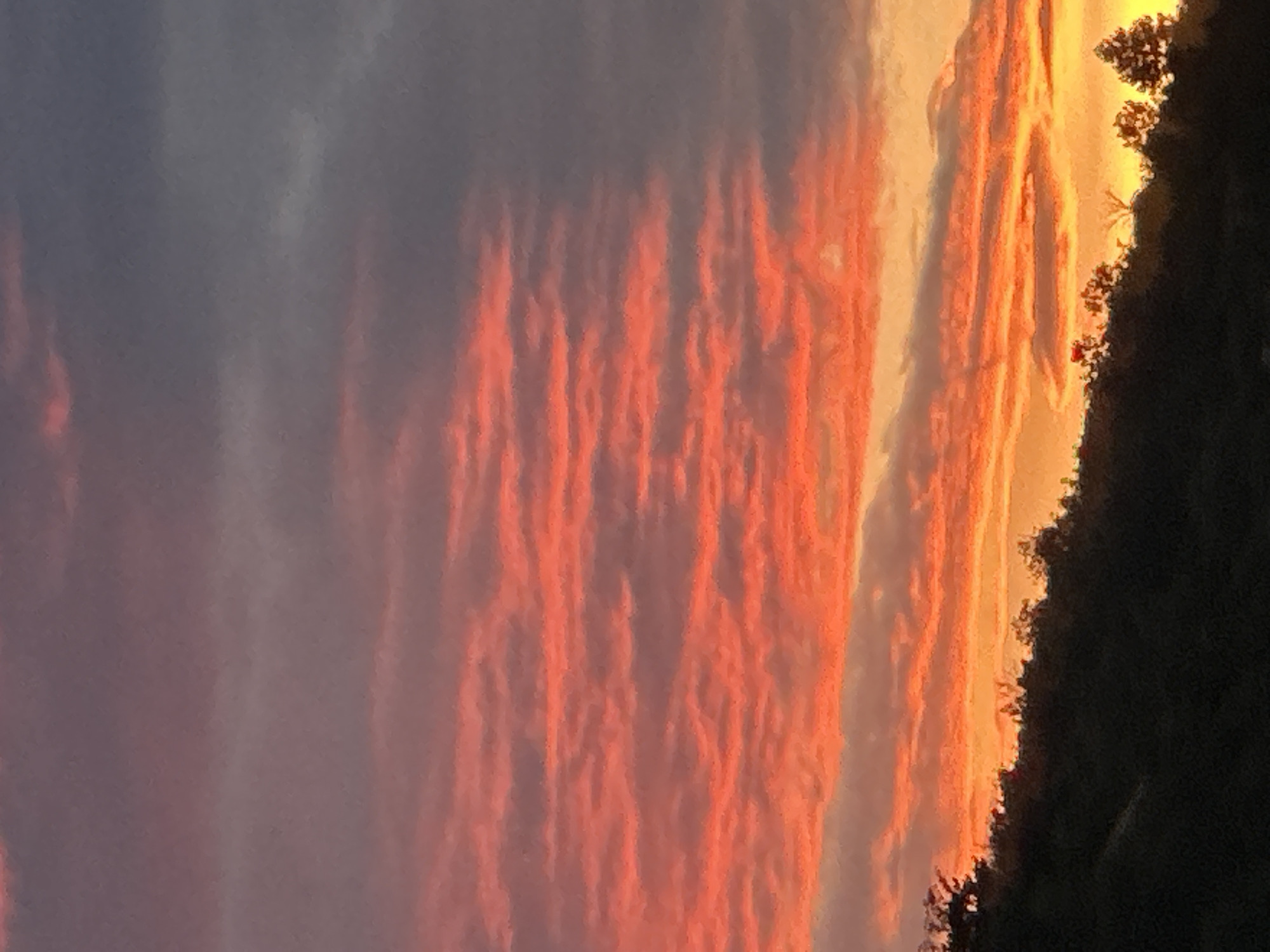 The image depicts a sunset over a hilly landscape, likely on the outskirts of Asenovgrad, Bulgaria. The sky is filled with clouds painted in vibrant hues of orange, pink, and red, contrasting with the darker gray clouds above. The lower portion of the image shows the silhouette of a treeline atop a dark, sloping hill. The overall impression is one of natural beauty during twilight.