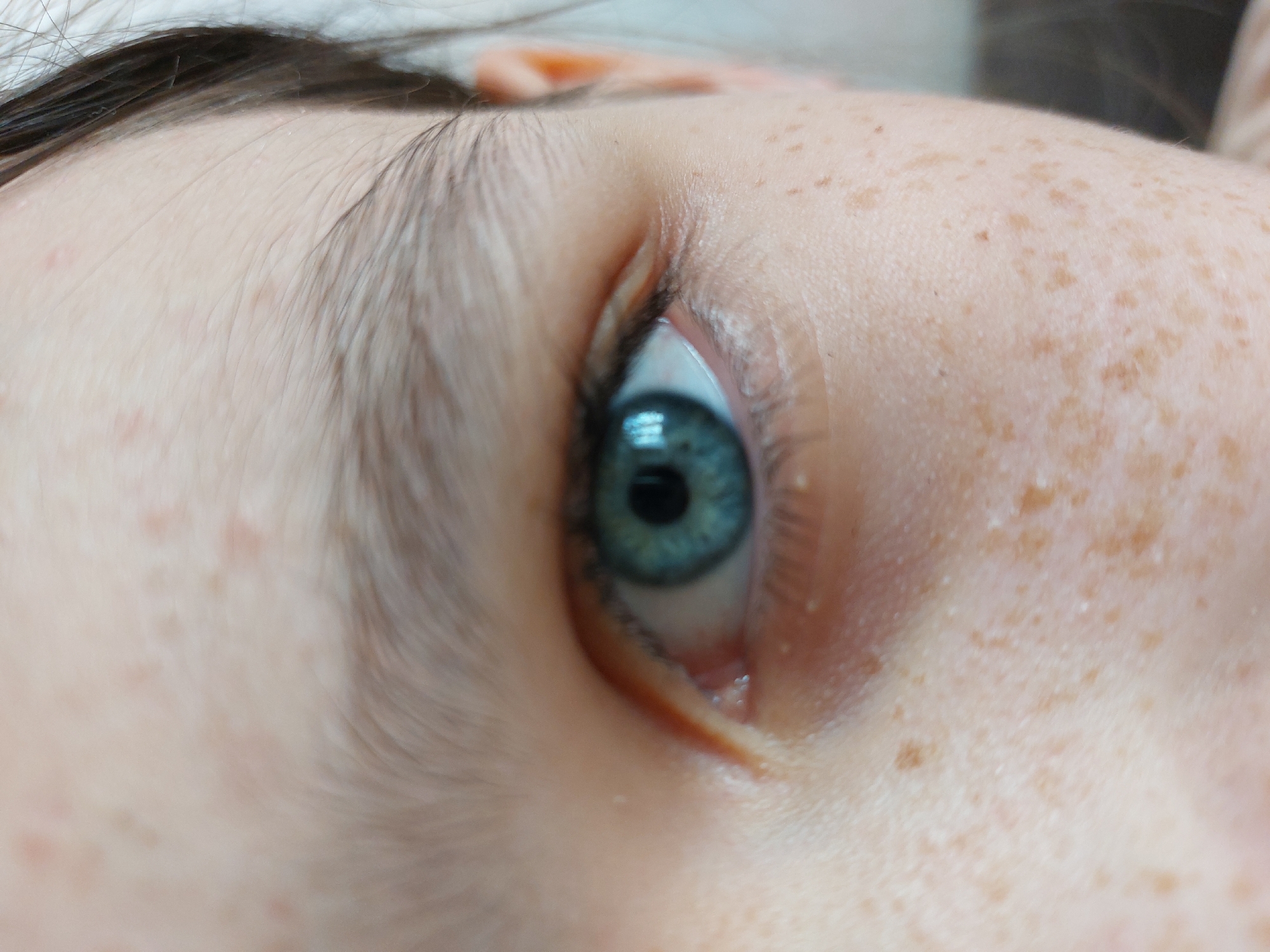 A close-up, eye-level, full-frame photograph shows a person's left eye and surrounding facial features, specifically the area from the eyebrow down to the cheek. The subject's skin is fair with numerous light brown freckles, particularly concentrated on the cheek. The eye is a vibrant blue-green color with a dark pupil. The eyelid is slightly creased. The eyebrow hairs are fine and sparse. The background is out of focus and appears to be an indoor setting with a light-colored wall. The image does not contain any elements that provide information about the location in the city of Chaikovsky, Russia.