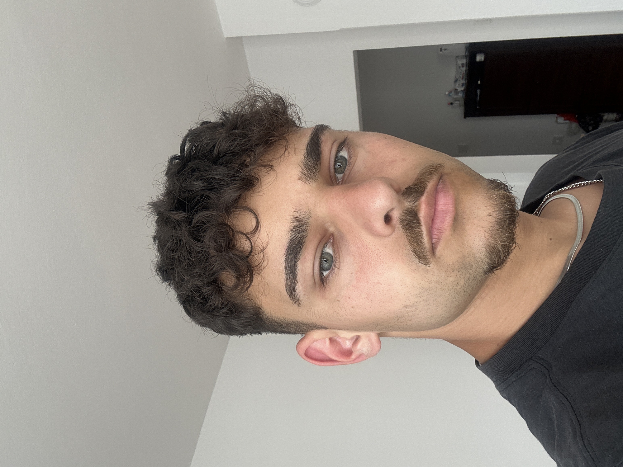 A medium shot of a light-skinned male with curly dark brown hair and a mustache, likely inside a residence. He has light eyes, a small goatee, and is wearing a black t-shirt. A silver chain is visible around his neck. The background shows a plain white wall and a glimpse of a dark television screen. The image appears to be taken indoors. There is no visible evidence to suggest the location is Troyan, Bulgaria.