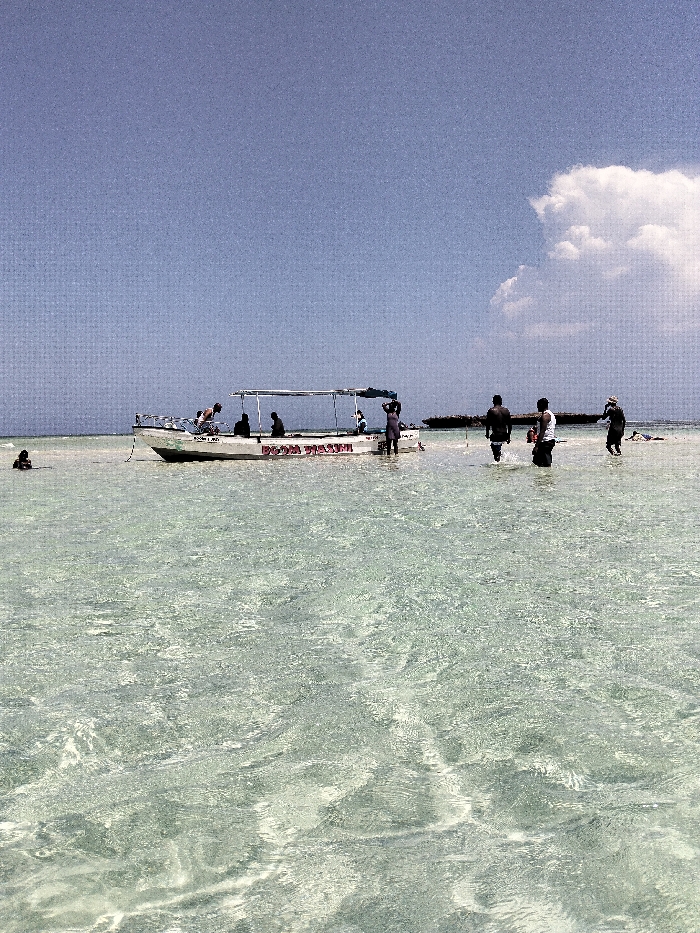 The scene depicts a clear day in Wasini, Kenya, showing shallow, transparent turquoise water in the foreground and midground. In the midground, a white flat-bottomed boat, approximately 8-10 meters long, with a light-colored canopy, is stationary in the water. The boat's hull bears the red inscription "BOOM WASINI." An anchor line extends from its bow.
Approximately six to seven individuals are visible on or immediately around the boat. One person is positioned on the boat's bow, bent forward. Several dark-silhouetted figures are seated or standing beneath the canopy. Another person stands in the water on the starboard side of the boat, facing right.
To the right of the boat, four additional individuals are wading through the shallow water, moving generally towards the right side of the frame. The first individual in this group is waist-deep in water and appears to be carrying an object. The subsequent three individuals are also wading, with water levels reaching their waist to chest. On the far left, a single individual is partially submerged, with only their head and shoulders visible above the water, appearing to swim or float.
The background consists of a clear blue sky, with a single large, white cumuliform cloud situated on the right side. A dark, low-lying rocky formation is visible in the distant right, beyond the boat.