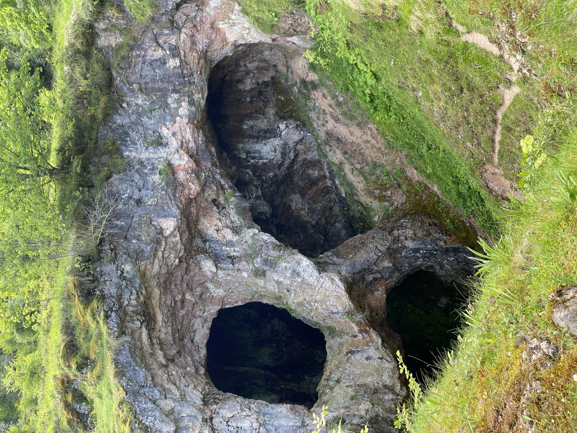 The image depicts the Pozu Funeres in Riosa, Spain, a series of three interconnected sinkholes formed in a rocky, mountainous landscape. The sinkholes have sheer, rocky walls covered in patches of moss and vegetation. Lush green grass and trees surround the sinkholes. No people or animals are visible. The holes descend into dark, unlit depths.