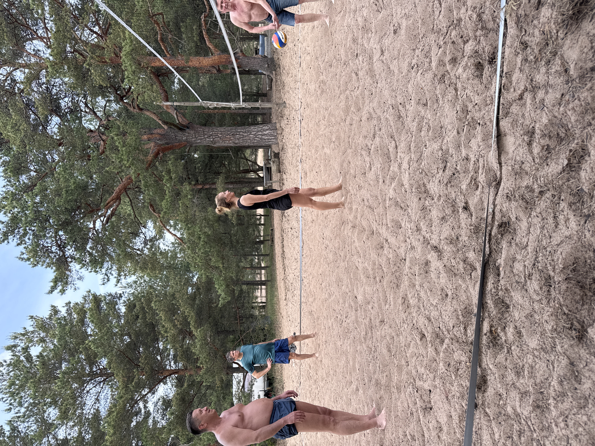 This image depicts an outdoor beach volleyball court in Zelenaya Roshcha, Russia, surrounded by a dense pine forest under an overcast sky. Five adults are visible on the sandy court.
On the far left, a bare-chested middle-aged man with short dark hair stands barefoot, wearing dark blue swim trunks, looking towards the right with a slight smile. Behind him, slightly to the left, a second middle-aged man wears a dark green t-shirt and dark blue shorts, standing barefoot with his hands on his hips, also looking right.
In the center-right of the court, a woman with light hair tied in a bun wears a black tank top and black shorts, standing barefoot and looking towards the leftmost man. On the far right, beyond the volleyball net, a bare-chested middle-aged man in denim shorts holds a multi-colored Mikasa Beach Classic volleyball in his left hand, positioned as if to play. A fifth individual is partially obscured behind the volleyball net on the far right, with only a small portion of their head visible.
A white volleyball net with black mesh stretches across the court, supported by two wooden posts. Dark lines, likely tape, delineate the court boundaries on the light brown sand, which shows scattered pine needles and footprints. In the background, beyond the court, numerous tall pine trees with green needles and reddish-brown trunks form a thick forest. A white trailer or small building is partially visible through the trees on the left side of the background. The sky, visible through the tree canopy, is a light, uniform grey, indicating an overcast condition.