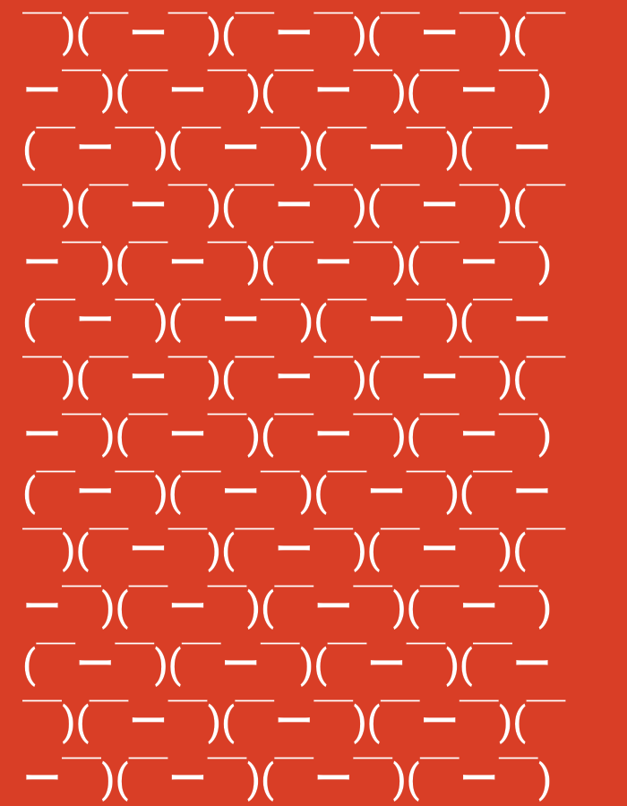 The image is an abstract pattern of white parentheses and dashes on a solid red background. The pattern is arranged in a grid-like formation with multiple rows and columns. Each element consists of a pair of parentheses with a dash in between them, or a single dash. The parentheses are oriented in various directions, creating a sense of movement and repetition. The overall impression is one of a digital or graphic design element, lacking any specific real-world context or location.