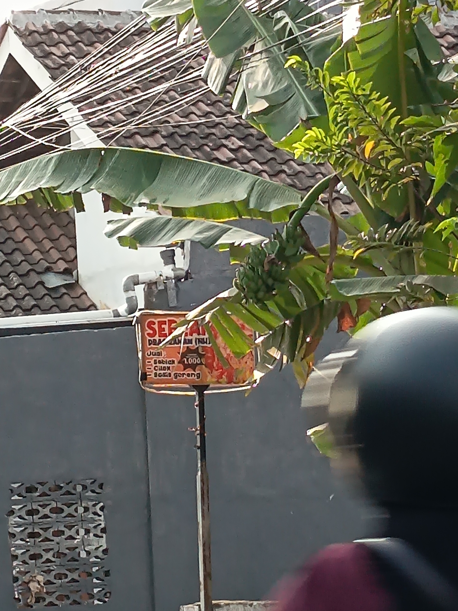 A sign in the city of Kandangjati Wetan, Indonesia, advertises "SEEPARTAN" with a list of items including "Jual Babes 1.000rb Cuxu Sosis goreng". The sign is orange and red, mounted on a metal pole, and partially obscured by banana leaves and a bunch of unripe bananas. In the background, a tiled roof and a gray wall are visible. A motorcycle helmet in the foreground suggests a person is present, possibly the photographer, as it is blurry and out of focus.