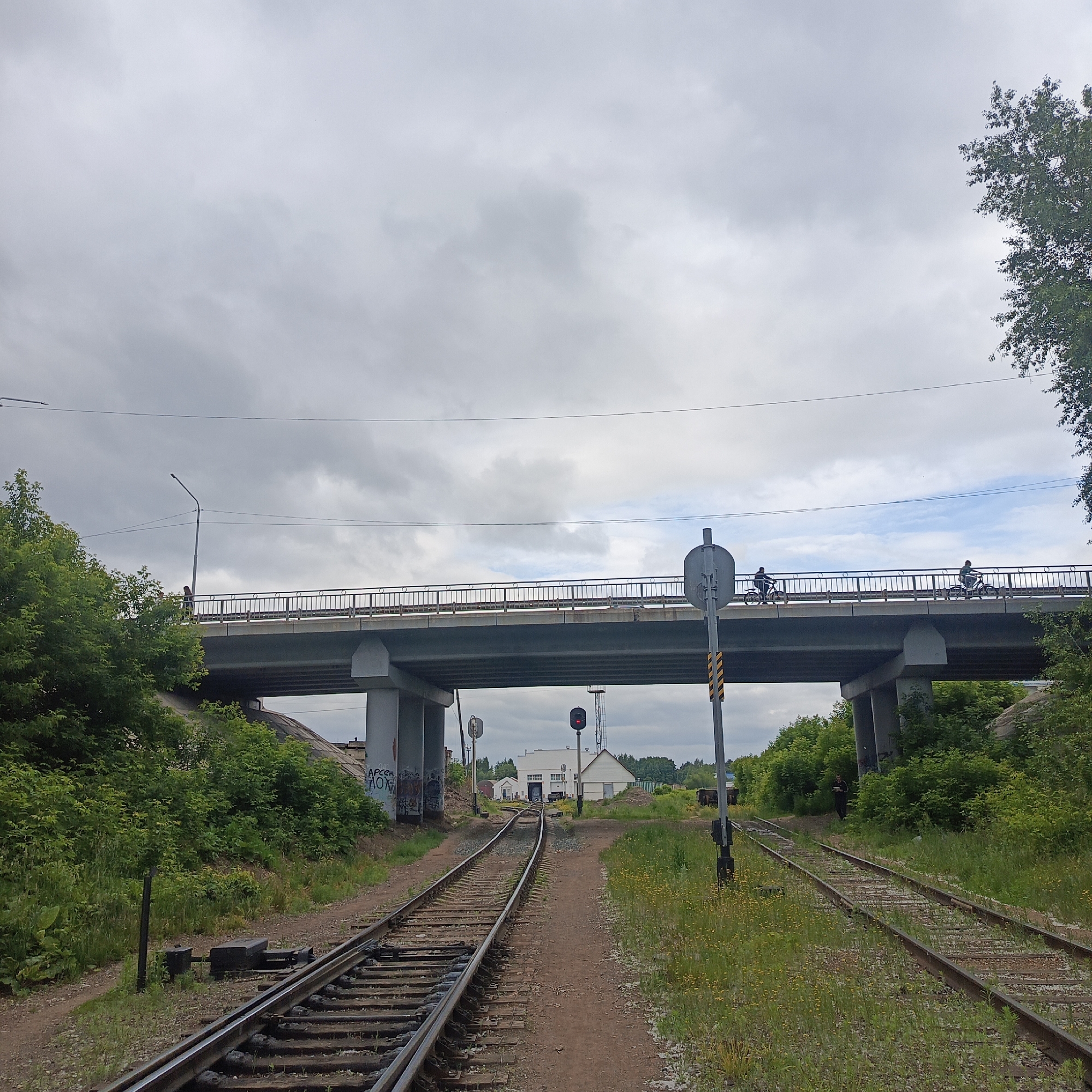 The image depicts a railway crossing under a concrete overpass in Chaikovsky, Russia. Two sets of railroad tracks converge in the foreground, leading towards the overpass. The overpass is a grey concrete structure with a railing along its edge. On top of the overpass, there are three individuals on bicycles, two of whom are silhouetted against the sky, and another to the right. A traffic signal with a red light is visible near the tracks, and a utility pole with caution stripes stands to its right. The surrounding environment is lush with green trees and vegetation. In the background, several industrial-looking buildings are present, along with some graffiti on the overpass's supporting pillars. The sky is overcast with grey clouds.