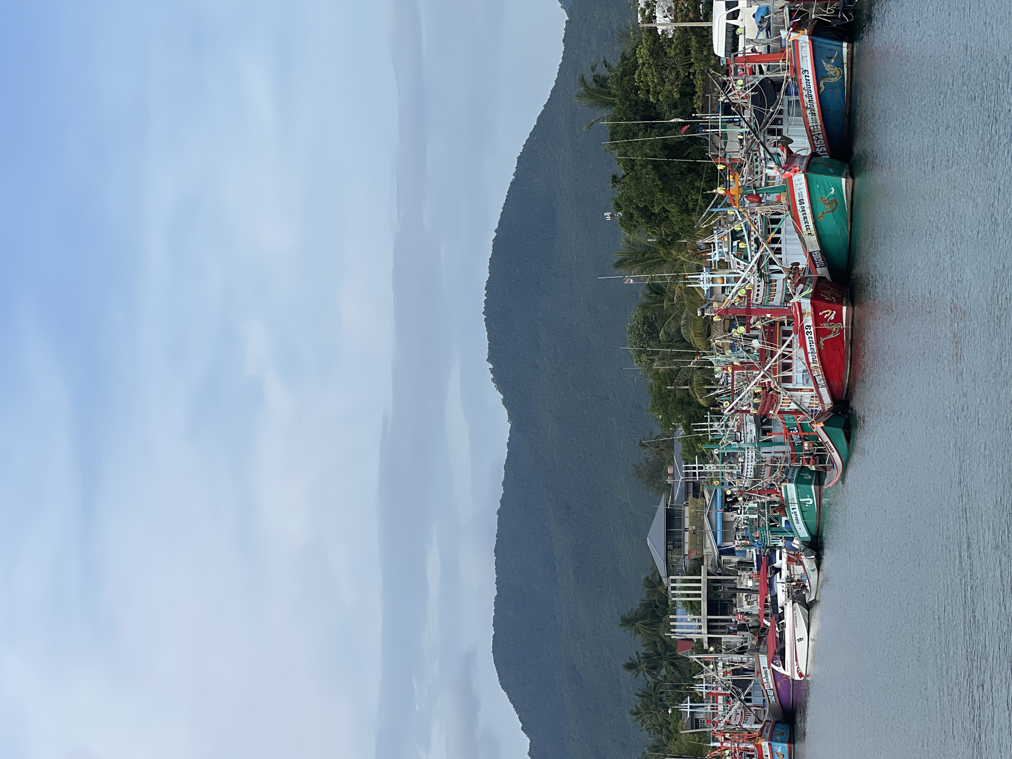 The image depicts a picturesque scene in the Ko Pha-ngan District, Thailand, showcasing a harbor filled with numerous fishing boats docked side-by-side. The boats, painted in vibrant colors like red, green, and blue, are adorned with intricate designs and lettering. Some boats feature depictions of mythical creatures, adding a unique cultural touch. The calm, grey water of the harbor reflects the overcast sky, suggesting a potentially damp or cloudy day.
Behind the boats, lush green mountains rise majestically, covered in dense foliage and dotted with palm trees. The presence of these natural elements highlights the tropical setting of the location. Buildings with pitched roofs and structures with white railings are visible along the shoreline, hinting at a developed coastal area.
The image seems to capture a moment of stillness, as the boats are stationary, likely preparing for or returning from fishing expeditions. The overall atmosphere is serene, with a sense of quiet industry associated with the fishing community. The sky is a muted blue with soft white clouds, contributing to the tranquil mood.
Visible text on the boats includes Thai script and numbers, such as "NTS 521", "63", and other illegible characters. There are also instances of stylized lettering, likely names or identification numbers for the vessels. The composition of the image, with the boats lined up along the water's edge against the backdrop of the mountains, creates a visually appealing and characteristic representation of a Thai fishing harbor.