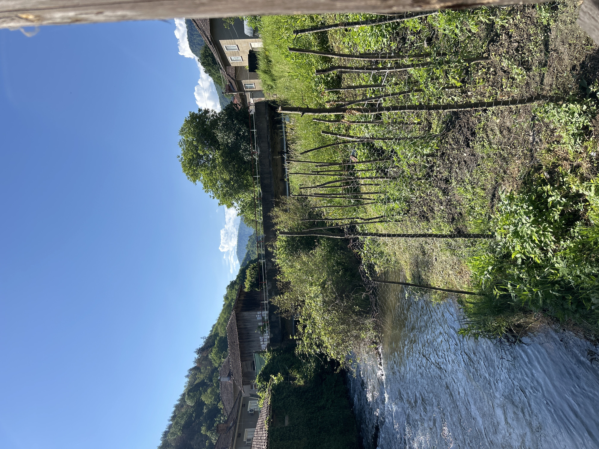 The image depicts a village scene with a river flowing through it. On the left side of the river, there are houses with tiled roofs, some covered in ivy. A concrete bridge spans the river in the middle ground. On the right side of the river, there is a grassy slope with a vegetable patch enclosed by a wire fence and wooden stakes. Trees and hills form the backdrop. The sky is clear blue with a few white clouds. The scene appears to be set in a rural area during the daytime.