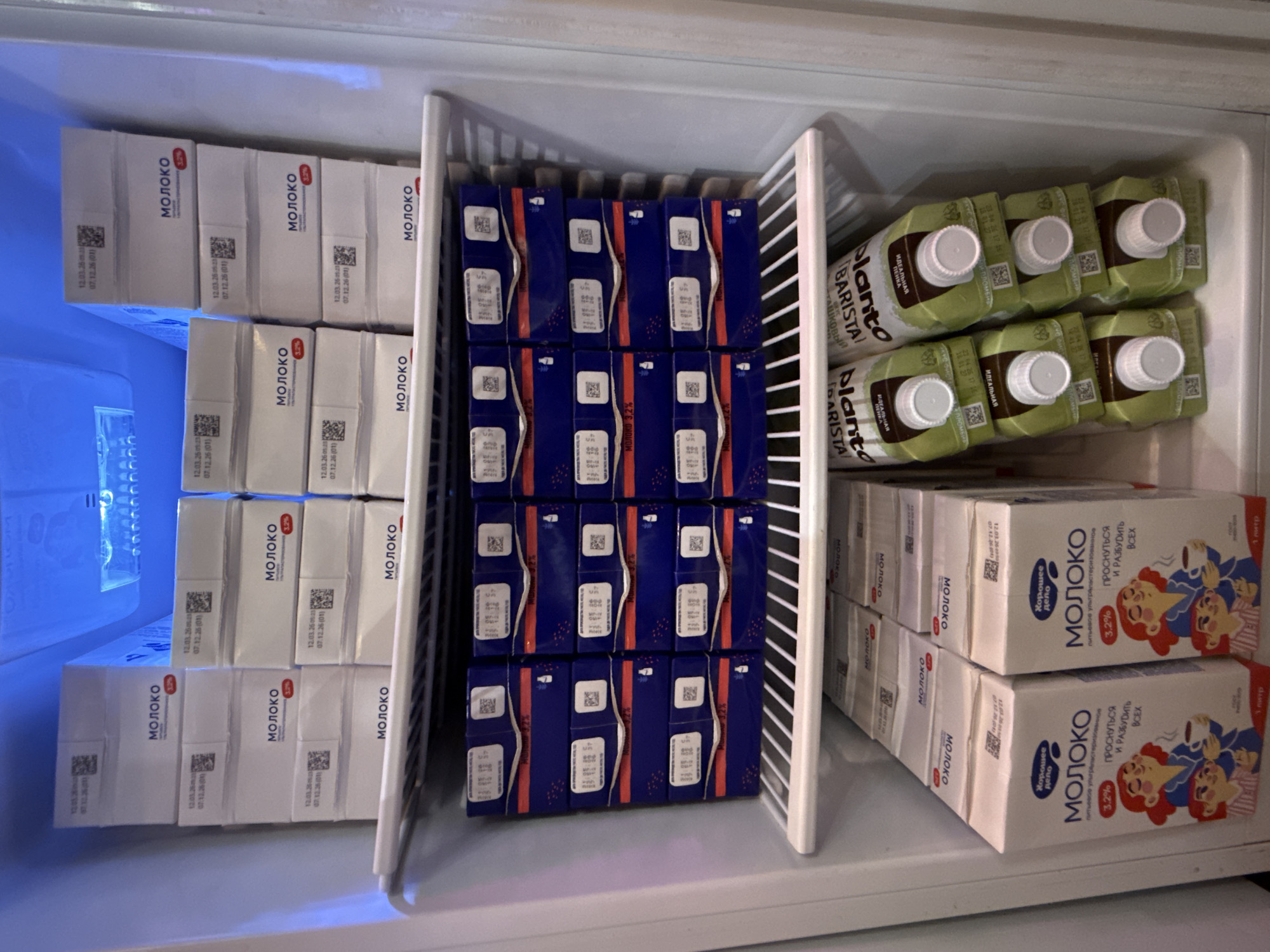 The image shows the interior of a refrigerator stocked with various milk products. The top shelf contains several white cartons with the word "МОЛОКО" (MILK) printed on them, along with dates and barcodes. The middle shelf is filled with blue cartons, also labeled "МОЛОКО" with a percentage indicating fat content (3.2%). The bottom shelf holds larger, white cartons featuring cartoon illustrations of people and the text "Хорошее дело МОЛОКО" (Good Deed MILK), again with a 3.2% fat indication and the word "ПРОСНУТЬСЯ И РАЗБУДИТЬ ВСЕХ" (Wake up and wake everyone up). To the right on the bottom shelf are green cartons labeled "planto BARISTA", indicating they are for coffee. The scene appears to be a domestic refrigerator. The location is identified as Veshki, Russia.