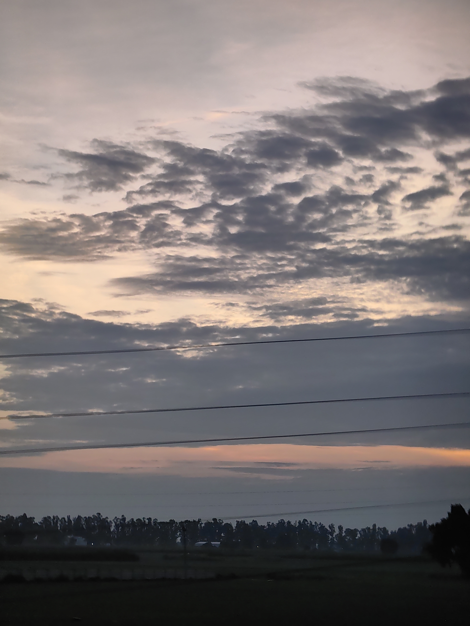 The image depicts a dusky sky over a landscape in Jirbari, India. Wispy, dark clouds are scattered across a pale, pinkish-grey sky. Three horizontal power lines stretch across the middle of the frame. Below the sky and power lines, a dark, silhouetted line of trees forms a distant treeline, with some faint hints of structures within it. The foreground consists of a dark, indistinct field. The overall impression is one of twilight or early dawn in a rural or semi-rural area.