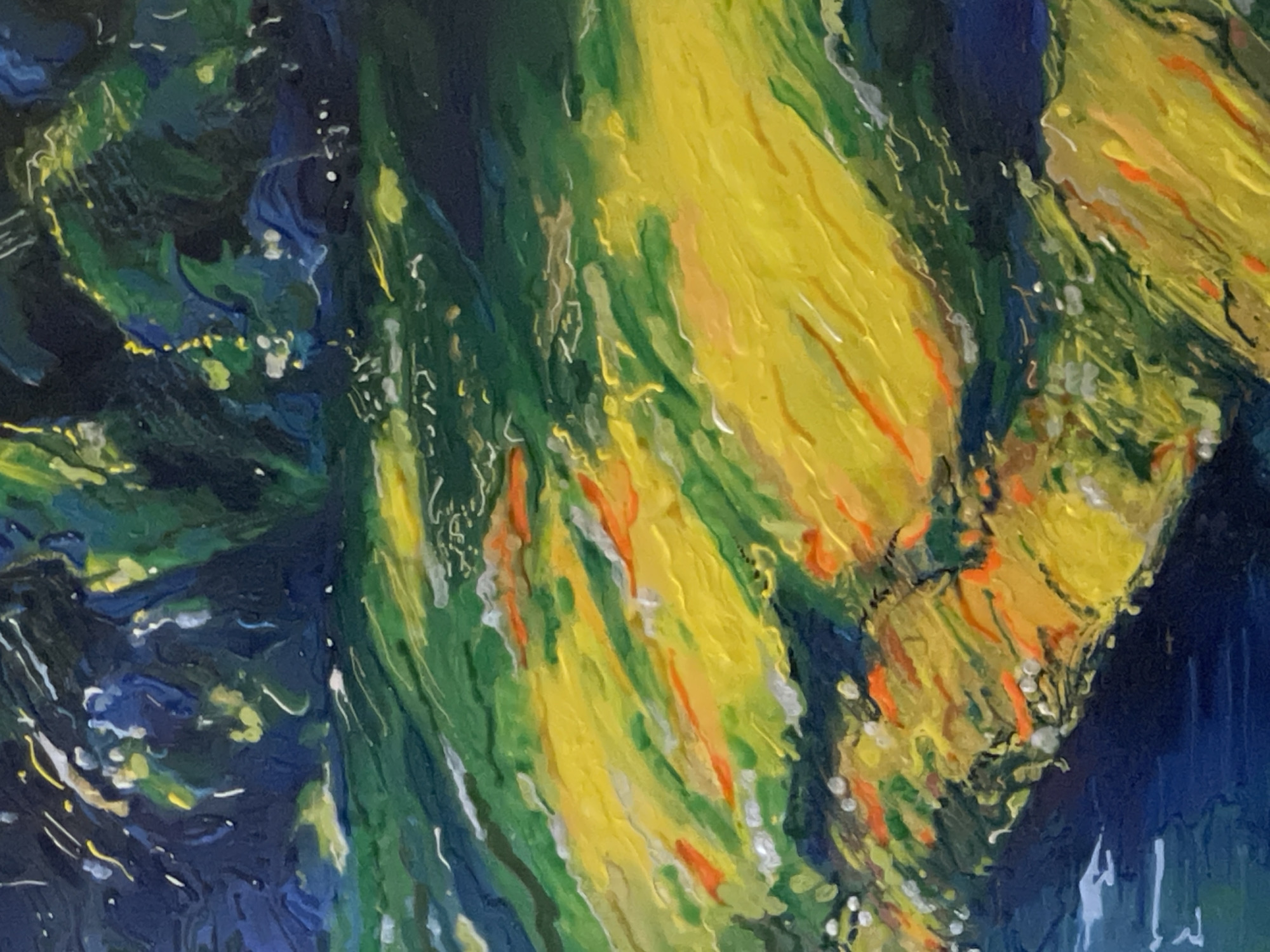 This is an impressionistic painting of a natural landscape. The foreground features a body of dark blue water, possibly a river or lake, with white highlights suggesting movement or reflections. To the right of the water, a bank is depicted with thick impasto strokes of yellow and orange, interspersed with green and white. This area appears to represent a field of flowers or grass illuminated by sunlight. Further back, the middle ground is a vibrant green expanse with streaks of yellow and orange, hinting at more fields or foliage. The background is dominated by dark green and blue hues, suggesting a dense forest or thick vegetation, with bright white and yellow accents that could represent dappled sunlight filtering through leaves. The style is abstract, focusing on color and texture rather than precise detail. There are no people or man-made structures visible, and the scene evokes a sense of natural beauty and light. The image does not provide any information that would indicate its location in Minsk, Belarus.