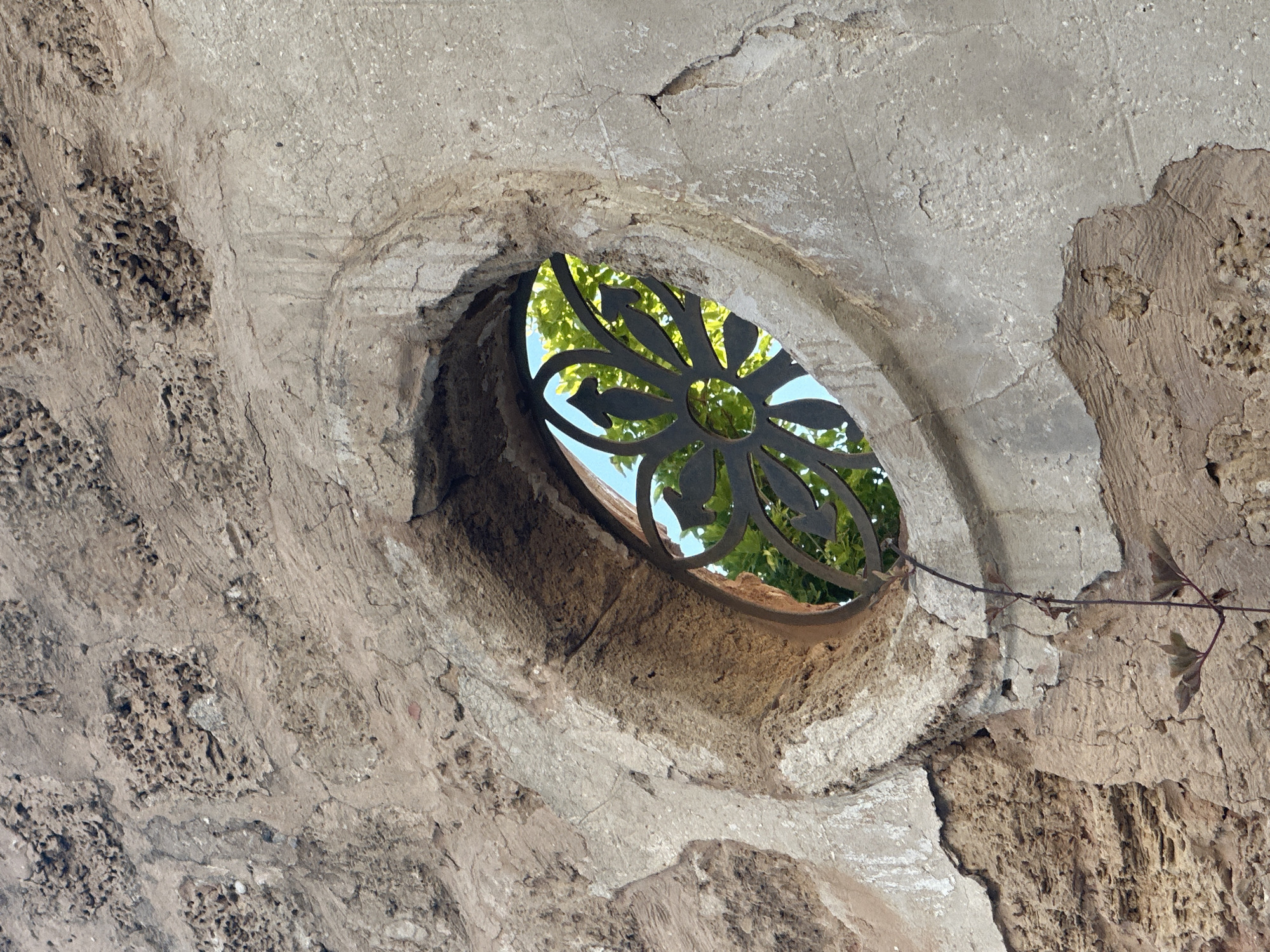 The image presents a close-up, angled view of an oval-shaped opening or window set within a heavily textured and weathered wall. The wall, likely made of stone or concrete, exhibits significant signs of age, including cracks, flaking material, and areas with a rough, porous, almost pitted surface. Some sections show exposed aggregate or a coral-like texture, varying in shades of light brown and grey.
Within the central opening, a dark, ornate metal grate is visible. The grate features a symmetrical, intricate design, possibly a stylized floral or star pattern, allowing light and views to pass through its open sections. Beyond this metalwork, vibrant green foliage, indicative of tree leaves, is clearly seen against a bright, clear blue sky, suggesting sunny daytime conditions. A thin, dry vine or branch extends into the frame from the right, partially draped over the wall near the opening.
The scene implies a sense of history and antiquity due to the deteriorated state of the wall, contrasting with the lively nature viewed through the opening. There is no human activity depicted, nor is there any visible text. The image's details, such as the ancient-looking stone and the architectural style, align with the historical areas often found in Tel-Aviv, Israel, such as Jaffa.