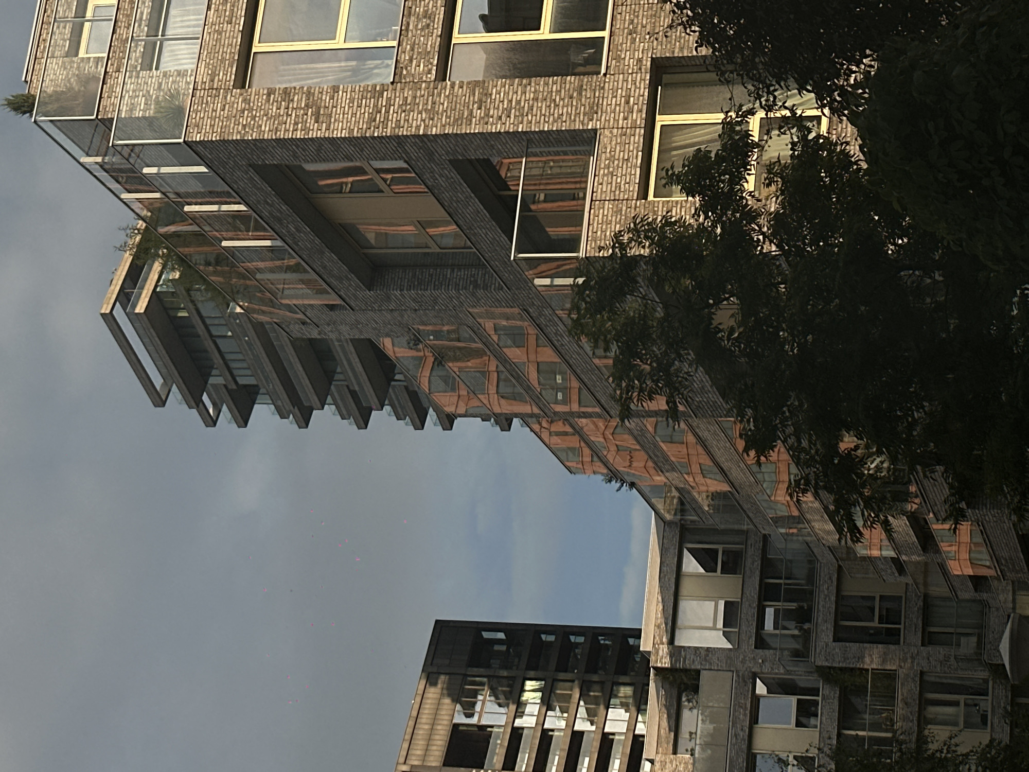 The photograph captures a modern architectural scene in Amsterdam, Netherlands. In the foreground, dense dark green foliage partially obscures the lower portions of the buildings. The main focus is on a multi-story building constructed with grey brick, featuring large windows with yellow frames. Several balconies with glass railings are visible. The building's facade reflects the sky and the adjacent structure.
To the left, another tall building with a dark facade and numerous windows is visible. This building appears to have a more industrial or minimalist design compared to the brick building. Its windows reflect light, creating a mosaic of illuminated squares.
In the background, the sky is a mix of grey and pale blue, with some scattered clouds. There are small, faint pinkish specks in the upper left portion of the sky, possibly an artifact or distant atmospheric phenomenon. The overall lighting suggests it is either early morning or late afternoon, with the sun casting a warm glow on some parts of the buildings. The scene conveys a sense of urban development and contemporary city living.