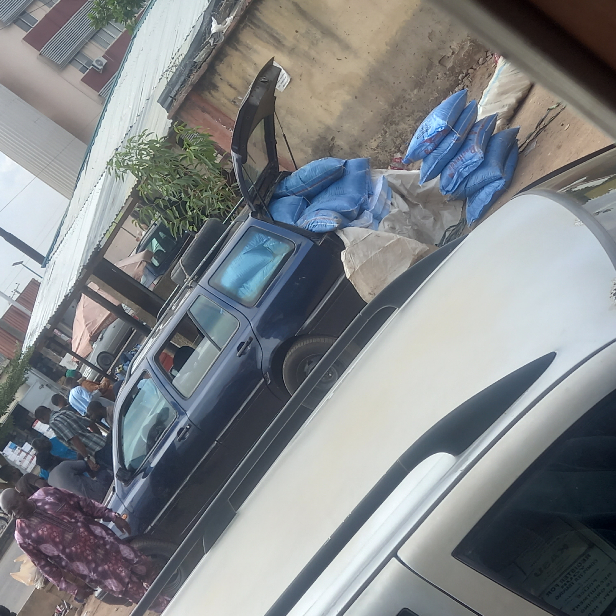 This image captures an outdoor scene, likely in Dadi Riba, Nigeria, viewed from an elevated, tilted perspective. The central activity involves several men gathered around a dark blue SUV or station wagon, which has its tailgate open. Numerous blue sacks are being loaded into the vehicle's rear and are also stacked beside it on the ground. Some of these blue sacks clearly bear the text "Pesticides". Other lighter-colored, bulky sacks are also visible near the vehicle and on the ground. The rear window of the blue car also shows several blue sacks packed inside.
In the foreground, partially obscuring the right side of the frame, is the hood and windshield area of a white or silver vehicle, from which the photograph appears to have been taken. Text is visible reflected on the inside of its windshield, appearing as "REGISTERED FOR", "COMPLETION", "POLICE RECRUITMENT", and "DATE OF BIRTH", along with the partial word "UCAN".
Several individuals are present, predominantly men. One man in the immediate foreground wears a distinct purple patterned traditional attire, while others are dressed in various casual shirts and trousers. They appear to be engaged in or observing the loading process.
The background features a white corrugated metal roof structure, possibly part of a market stall or shelter, under which another car is partially visible. Further back, a multi-story building with maroon striped walls and an external air conditioning unit is seen. Green foliage is scattered throughout the scene. The overall impression is a bustling daytime setting, likely a commercial or transit area.