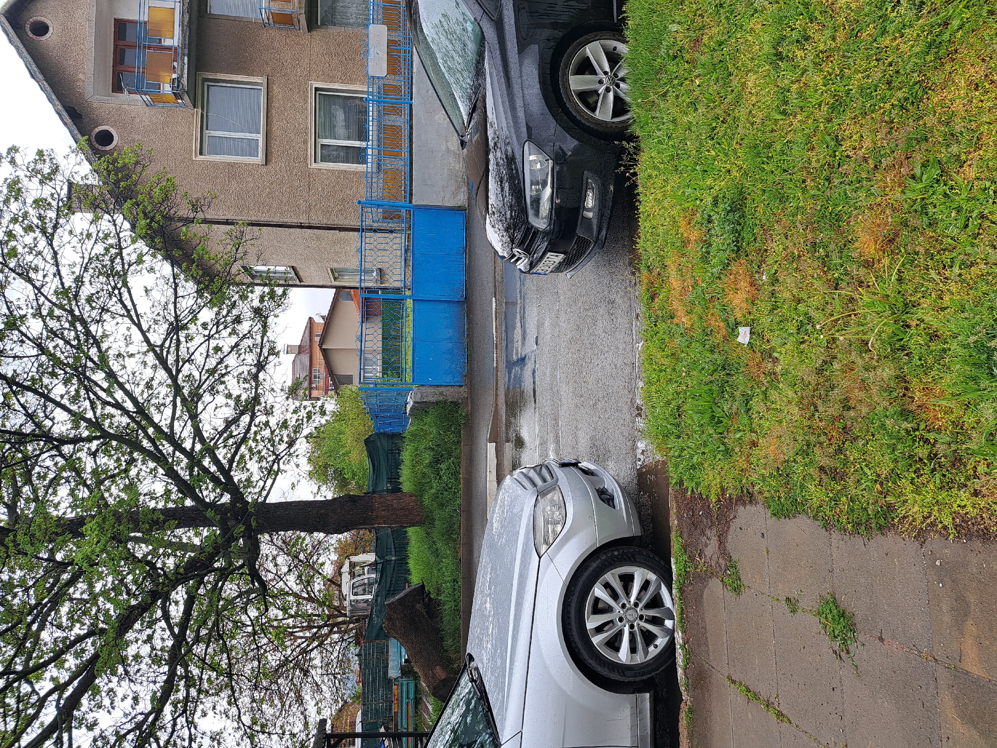 The image, rotated 90 degrees clockwise from its natural orientation, captures a residential street scene under an overcast sky, suggesting recent rain. The ground, including the asphalt road and concrete pavement, is wet and reflective.
In the foreground, a silver Mercedes-Benz car, identifiable by the star logo on its wheel hub, is parked by the side of the road on the left. Water droplets cling to its bodywork, indicating recent precipitation. Further down the street, a black Volkswagen car, with the VW logo visible on its wheel hub, is also parked. Its front license plate clearly displays "BP 2096 KX."
A wet concrete sidewalk runs alongside the road, separating it from a green grass verge that exhibits patches of lighter green, yellow, and brown vegetation. Beyond the street and verge, a multi-story building with a light brown, textured facade dominates the background. It features several windows, some with blinds, and others with a distinctive yellow or orange tint. Two small circular openings are visible near the roofline. A bright blue metal fence and gate system runs in front of the building.
On the far left, a large deciduous tree with numerous branches and light green, fresh leaves occupies a significant portion of the frame, suggesting springtime. The trunk of another, smaller tree or bush is visible behind the silver car. In the distant background, other buildings and vehicles, including a white van or truck, can be faintly seen. No people are visible in the scene.