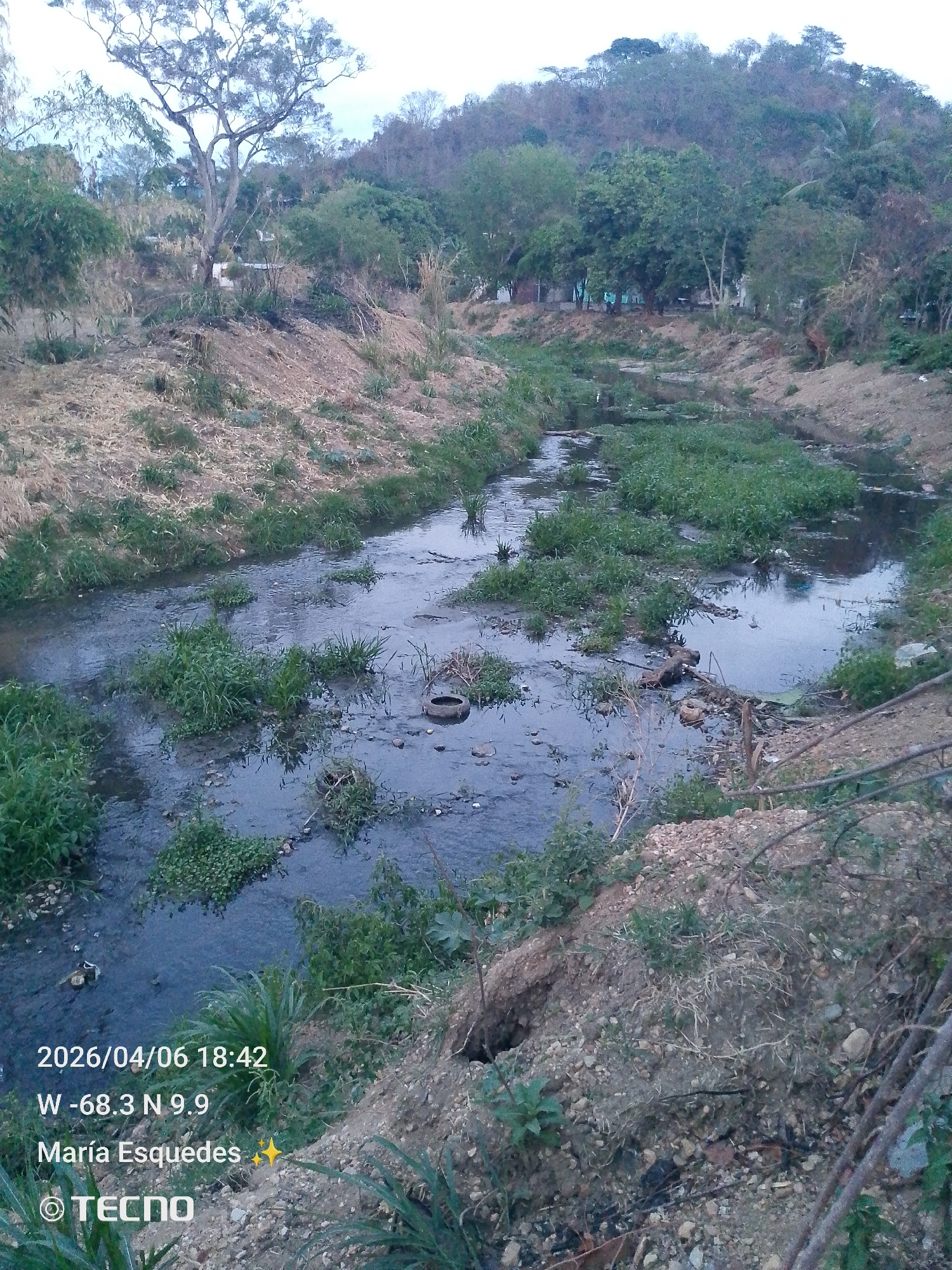 The image depicts a slow-moving stream or waterway running through a landscape with varied vegetation. The water appears murky and contains patches of green aquatic plants. Debris, including what appears to be a tire, is visible within the stream.
The banks of the stream are composed of earth and soil, interspersed with grassy areas and sparse plant life. Some erosion is evident along the banks. In the background, trees and hilly terrain can be seen.
The image includes a timestamp "2026/04/06 18:42" and geographical coordinates "W -68.3 N 9.9". The name "María Esquedes" and the brand "TECNO" are also present in the lower section of the image. The location is specified as "Unknown, Unknown".