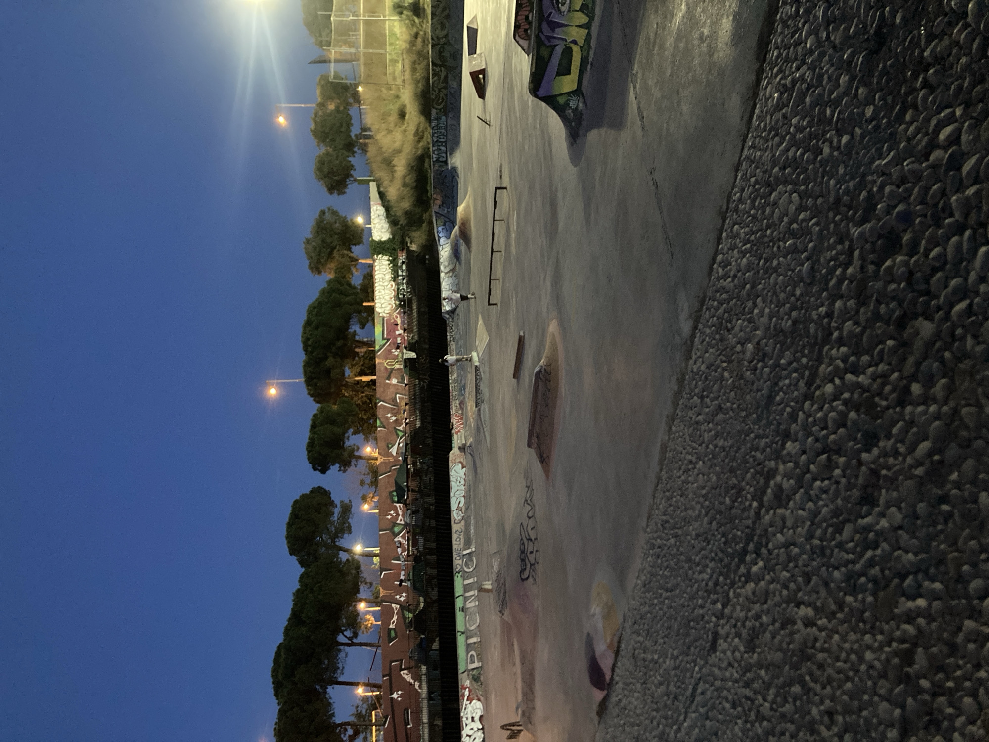 This vertical image depicts an outdoor skatepark at dusk or night, located in Barcelona, Spain. The sky is a deep, dark blue, illuminated by several glowing streetlights.
In the foreground, a coarse, dark gravel surface borders the skatepark. The main subject is the concrete skatepark itself, featuring various ramps, ledges, and rails. These structures are extensively covered in graffiti, giving the area an urban, worn aesthetic. A single person is faintly visible within the skatepark, suggesting activity, though their actions are indistinct due to the low light and distance.
A line of dark green trees runs along the left side of the skatepark, stretching into the background. Behind these trees, more streetlights are visible, and beyond them, a fence and some dry vegetation can be discerned. The artificial light from the streetlamps casts a soft glow across parts of the concrete park.
Visible text includes the word "PICNIC" painted in white on a flat section of the skatepark, with "32 ONE LOVE" written next to it. Numerous other graffiti tags and words are scattered across the ramps and walls, but most are illegible. The scene conveys a quiet, late evening atmosphere in an urban recreational space.