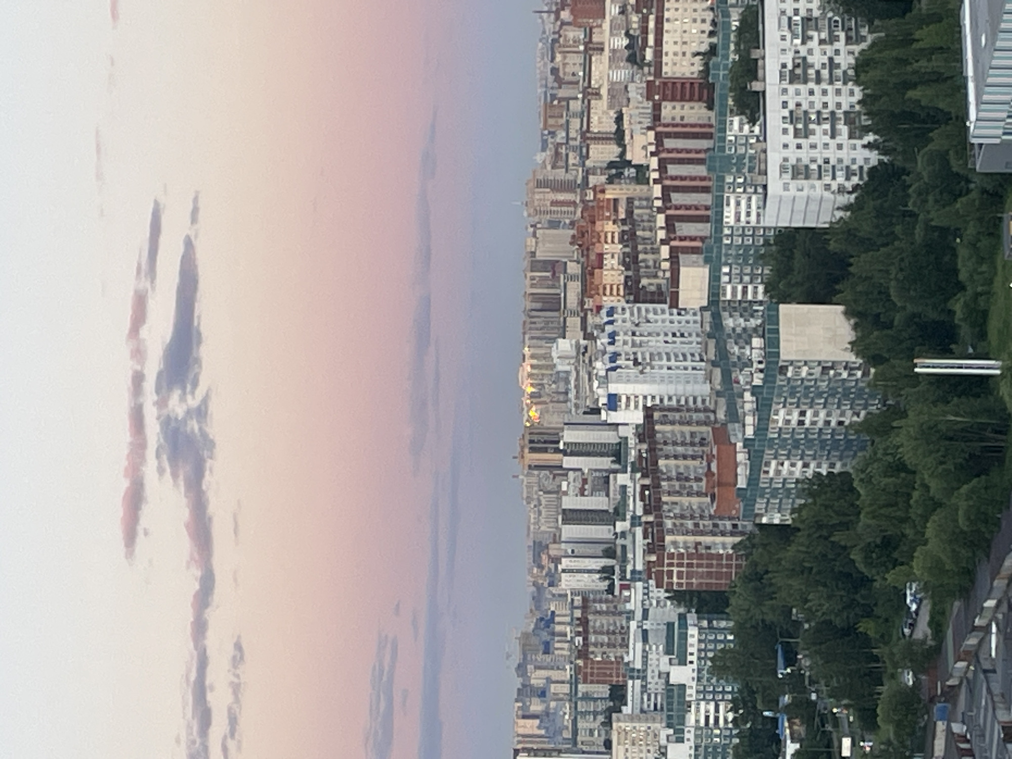 This image depicts an urban landscape scene, likely taken from a high vantage point. On the left side of the frame, a soft, pale sky with streaks of pink and blue hues suggests either sunrise or sunset. Wispy clouds are visible against the pastel backdrop. The right side of the image is dominated by a densely packed city skyline. Numerous buildings of varying heights and architectural styles fill the frame, from modern high-rises with many windows to older, more ornate structures. The buildings appear to be constructed from a mix of materials, including concrete, brick, and glass.
In the middle ground, a dense expanse of lush green trees forms a natural buffer between the urban structures and possibly a park or residential area. The trees are in full foliage, indicating a warmer season. A road or pathway is visible winding through the trees, with several white cars parked along its edge. Further into the city, more buildings are visible, some with visible brickwork and intricate window patterns. In the far distance, the city stretches out, with numerous buildings silhouetted against the sky. The overall impression is of a sprawling metropolis.
There are no discernible people or specific activities taking place in the image. The scene is a static view of the city. Notable details include the soft, atmospheric lighting, suggesting a gentle time of day. The presence of dense trees and cars indicates a developed urban environment. The architectural variety suggests a city with a long history and modern development. No text is visible in the image. The location context is Saint Petersburg, Russia.