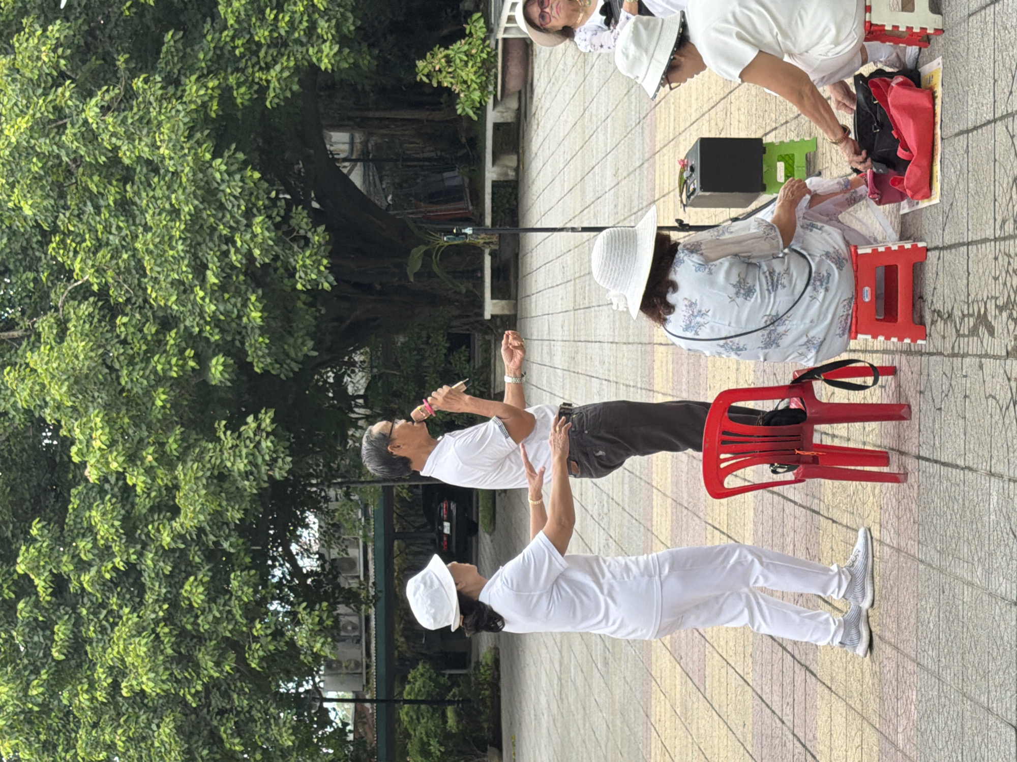 In Thuận Hóa Ward, Vietnam, an outdoor scene unfolds with a group of people gathered. A man wearing a white polo shirt and dark pants holds a microphone, appearing to be speaking to the attendees. Beside him, a woman in a white top and pants, with a white hat, stands with her hands extended, as if in a gesture of instruction or guidance. Three other individuals, two women wearing hats and one in a patterned dress, are seated on small red and white stools. One of the seated women is in the process of rummaging through a bag. A red chair stands empty, and a black audio speaker is visible on a small green platform. The ground is paved with square tiles in a checkered pattern of beige and muted red. Lush green trees form a dense canopy in the background, suggesting a park or public square environment. The overall atmosphere suggests a community gathering, possibly a performance or educational session, taking place outdoors.