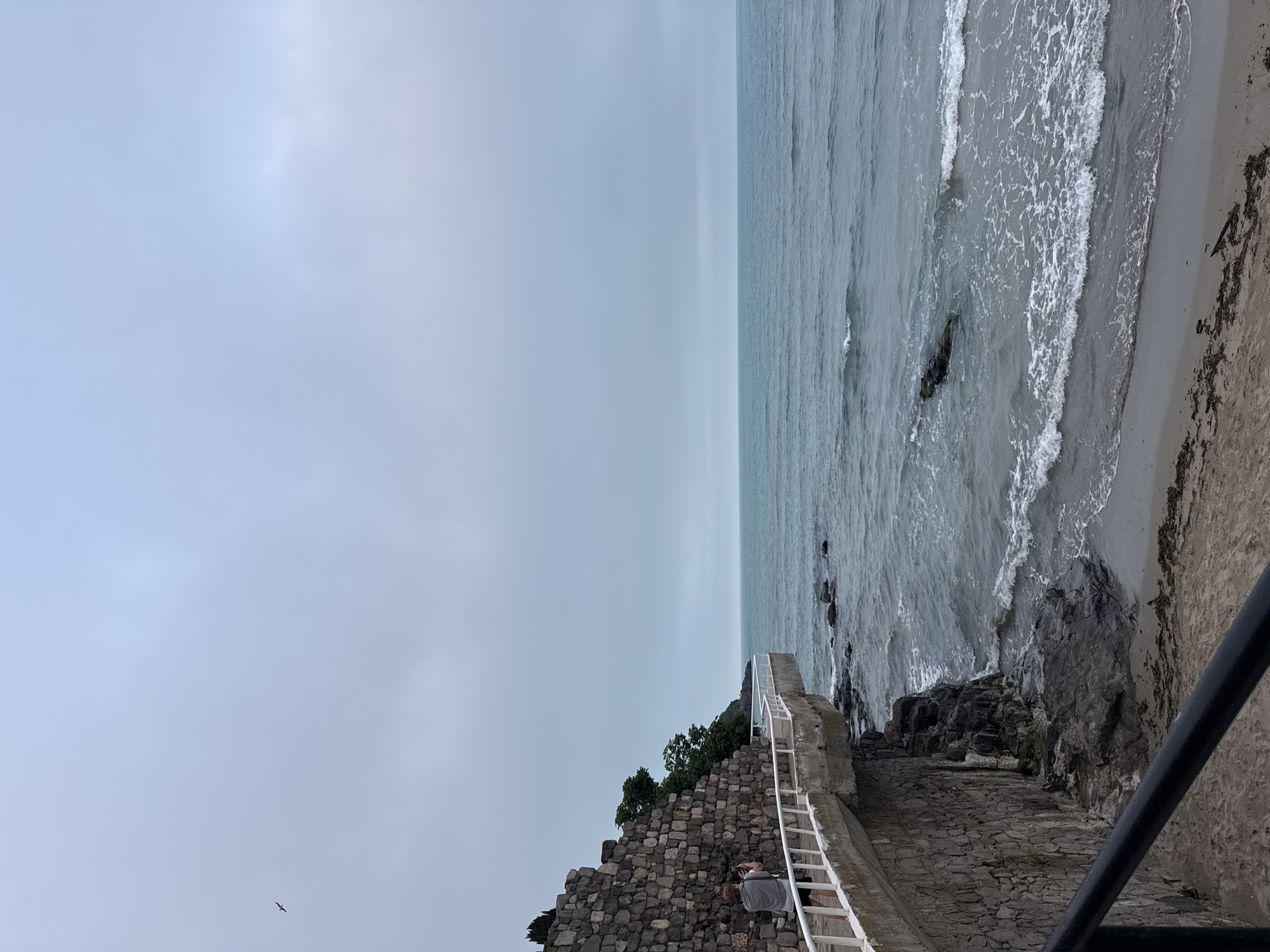 The image depicts a coastal scene in Sozopol, Bulgaria, under an overcast sky. The upper two-thirds of the frame are dominated by a pale grey-blue sky with minimal cloud definition; a small, dark bird is visible in flight in the upper-left quadrant. The horizon line is flat, separating the sky from the calm, grey-blue sea, which exhibits gentle wave patterns breaking near the shore.
Along the left side, a robust stone wall constructed from irregular, dark grey blocks supports a cantilevered concrete promenade. This promenade features a white railing and curves gently to the right, following the coastline. Green foliage is visible atop the stone wall. A single individual, seen from behind, stands on the promenade, positioned near the white railing. This person wears a grey sleeveless top and dark shorts, and is holding a black device, possibly a camera or smartphone, pointed towards the sea, appearing to capture an image or video.
Below the promenade, the shoreline consists of dark, rugged rocks transitioning into a narrow strip of sandy beach. The sand is light brown and textured, with scattered dark seaweed or debris. Several dark rocks are partially submerged in the shallow water near the beach. A black metal railing is present in the lower foreground, partially obscuring the view of the beach.