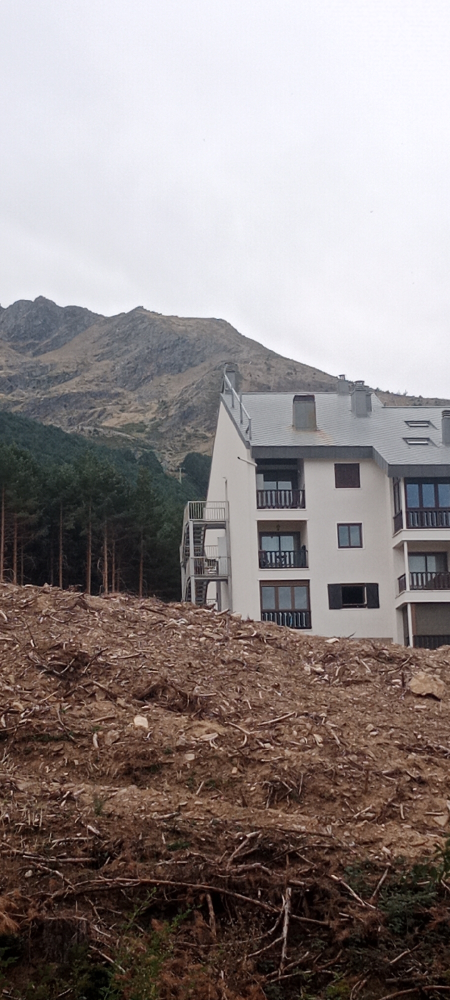 The image depicts a construction site in La Pinilla, Spain, with a modern white apartment building situated behind a large pile of cleared earth and tree debris. The building has multiple stories, balconies with dark railings, and dark-framed windows. A metal external staircase is visible on the left side of the building. The background features a dense forest of pine trees, transitioning into a barren, rocky mountainside under a cloudy sky. The foreground is dominated by a significant accumulation of soil, roots, and scattered branches, suggesting recent land clearing.