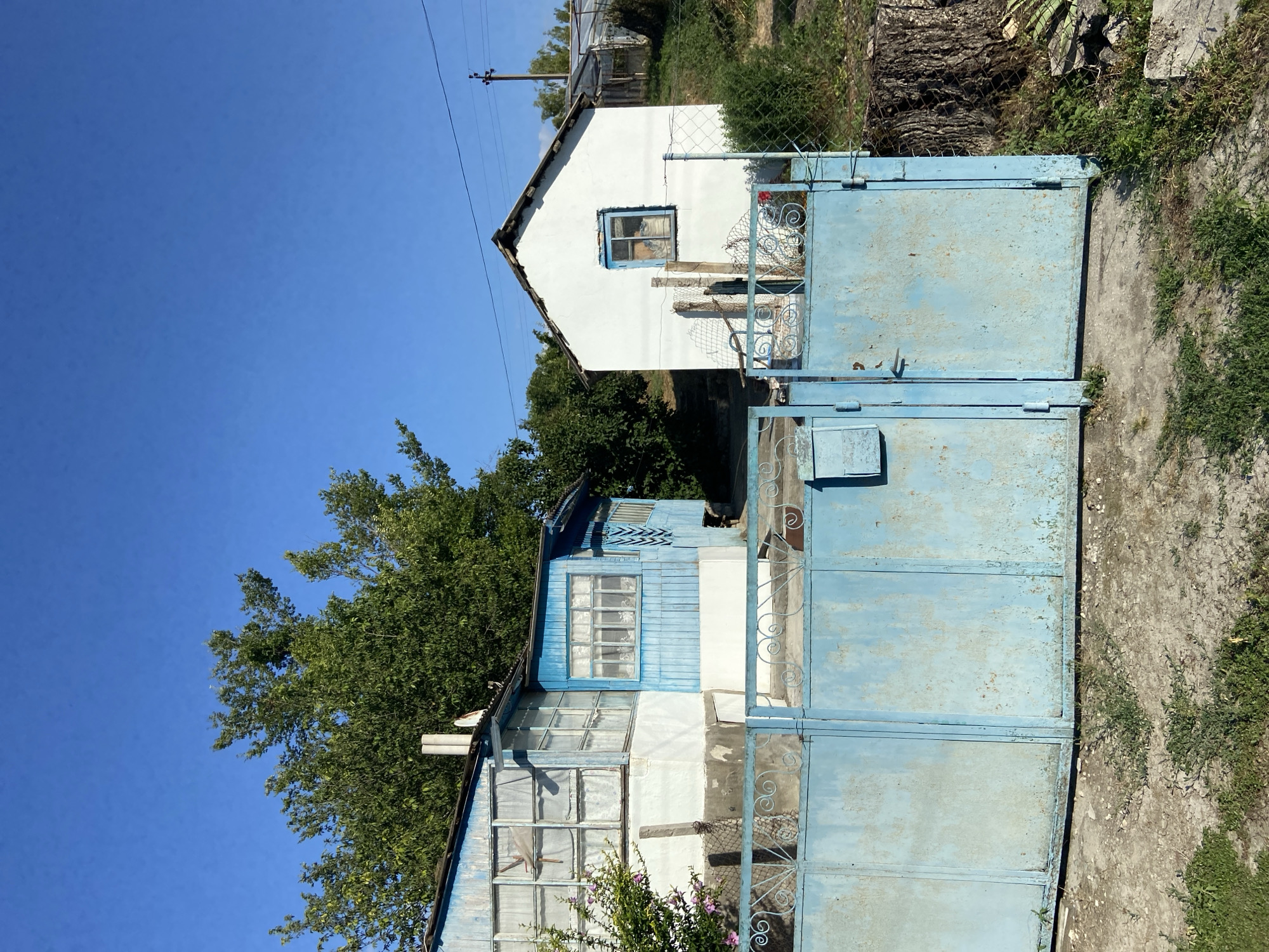 The image depicts a rural scene in Krasnomakskoye rural settlement, Ukraine. In the foreground, a weathered, pale blue metal gate with ornate scrollwork partially obscures the view of two buildings. The gate appears to be made of multiple panels and has a mailbox attached to the left side.
To the left of the gate, a modest, two-story house painted white on the lower level and a vibrant blue on the upper level, is visible. The upper level features a sunroom-like extension with numerous windows covered by light-colored curtains. A single pipe protrudes from the roof. The house is surrounded by overgrown vegetation, including a bush with pink flowers near the left edge of the frame.
To the right of the blue house, a smaller, white-painted structure with a peaked roof is present. This building has a single small window with a blue frame. A wire fence runs in front of this structure. Behind the white house, a greenhouse structure can be partially seen.
The background consists of lush green trees and a clear, bright blue sky. To the far right of the image, a large tree stump and some scattered debris are visible near a chain-link fence. The ground in front of the gate is a mixture of dirt, gravel, and patchy grass. The overall impression is one of a lived-in, somewhat aged rural property under a sunny sky.