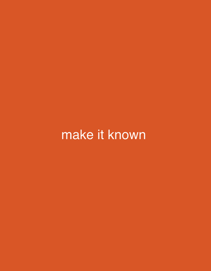 The image is a plain orange background with the white text "make it known" in the center. There are no indications of the location being Dundrum, Ireland or any subjects, objects, actions, or interactions.